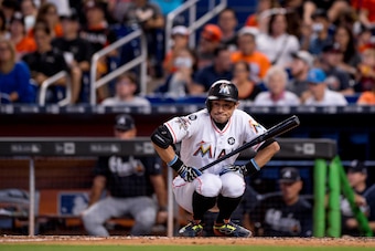 MIAMI, FL - OCTOBER 01: Ichiro Suzuki #51 of the Miami Marlins at bat during the sixth inning of the game against the Atlanta Braves at Marlins Park on October 1, 2017 in Miami, Florida. (Photo by Rob Foldy/Miami Marlins via Getty Images)