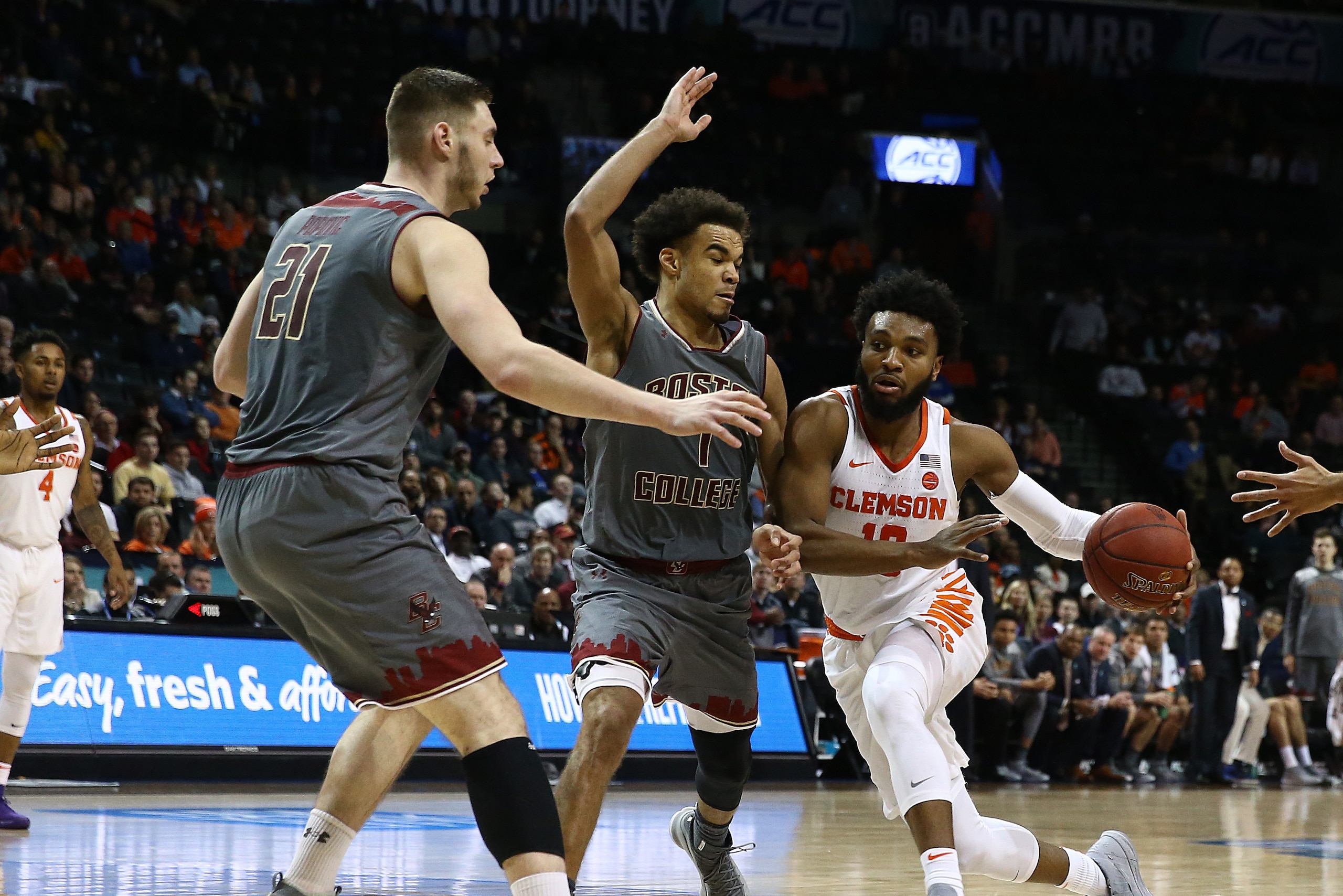 NEW YORK, NY - MARCH 08:  Gabe DeVoe #10 of the Clemson Tigers drives against the Boston College Eagles during the quarterfinals of the ACC Men's Basketball Tournament at the  Barclays Center on March 8, 2018 in New York City.  (Photo by Al Bello/Getty Im