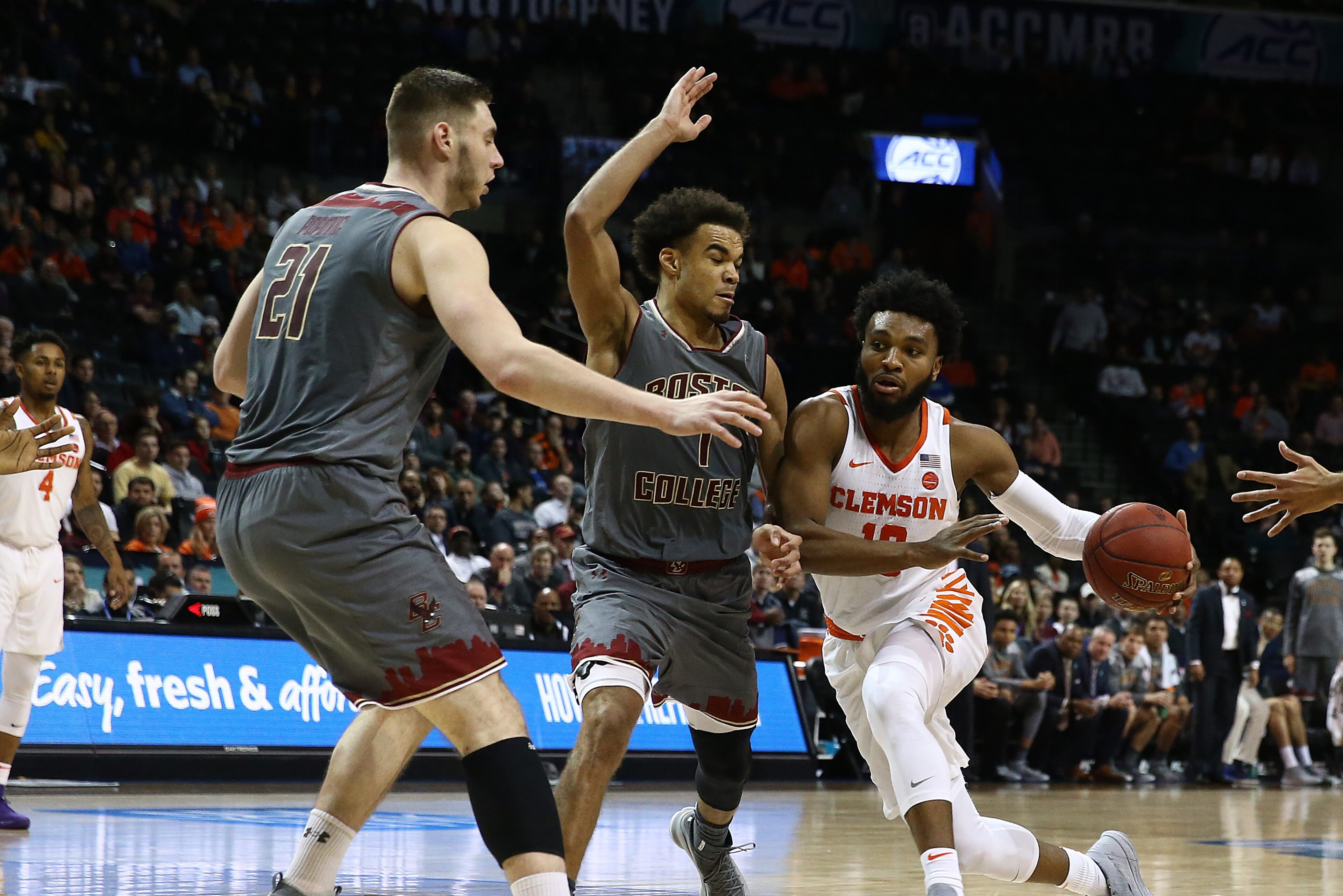 NEW YORK, NY - MARCH 08:  Gabe DeVoe #10 of the Clemson Tigers drives against the Boston College Eagles during the quarterfinals of the ACC Men's Basketball Tournament at the  Barclays Center on March 8, 2018 in New York City.  (Photo by Al Bello/Getty Im