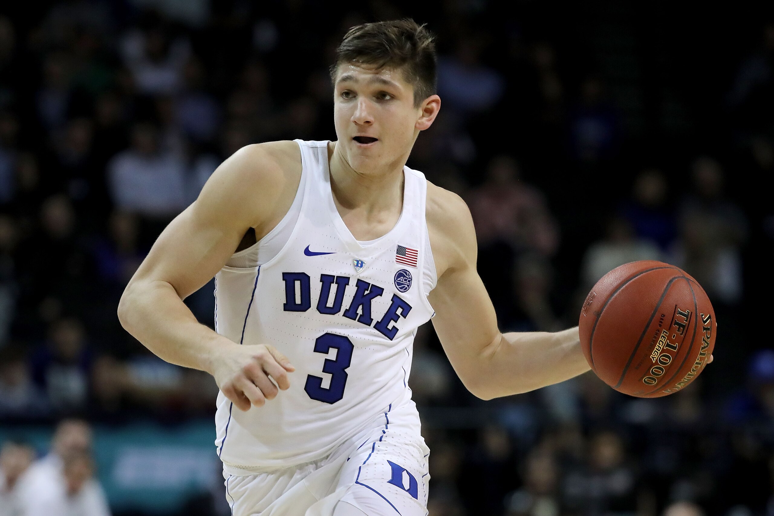 NEW YORK, NY - MARCH 08: Grayson Allen #3 of the Duke Blue Devils dribbles to the bakset in the second half against the Notre Dame Fighting Irish during the quarterfinals of the ACC Men's Basketball Tournament at Barclays Center on March 8, 2018 in the Br