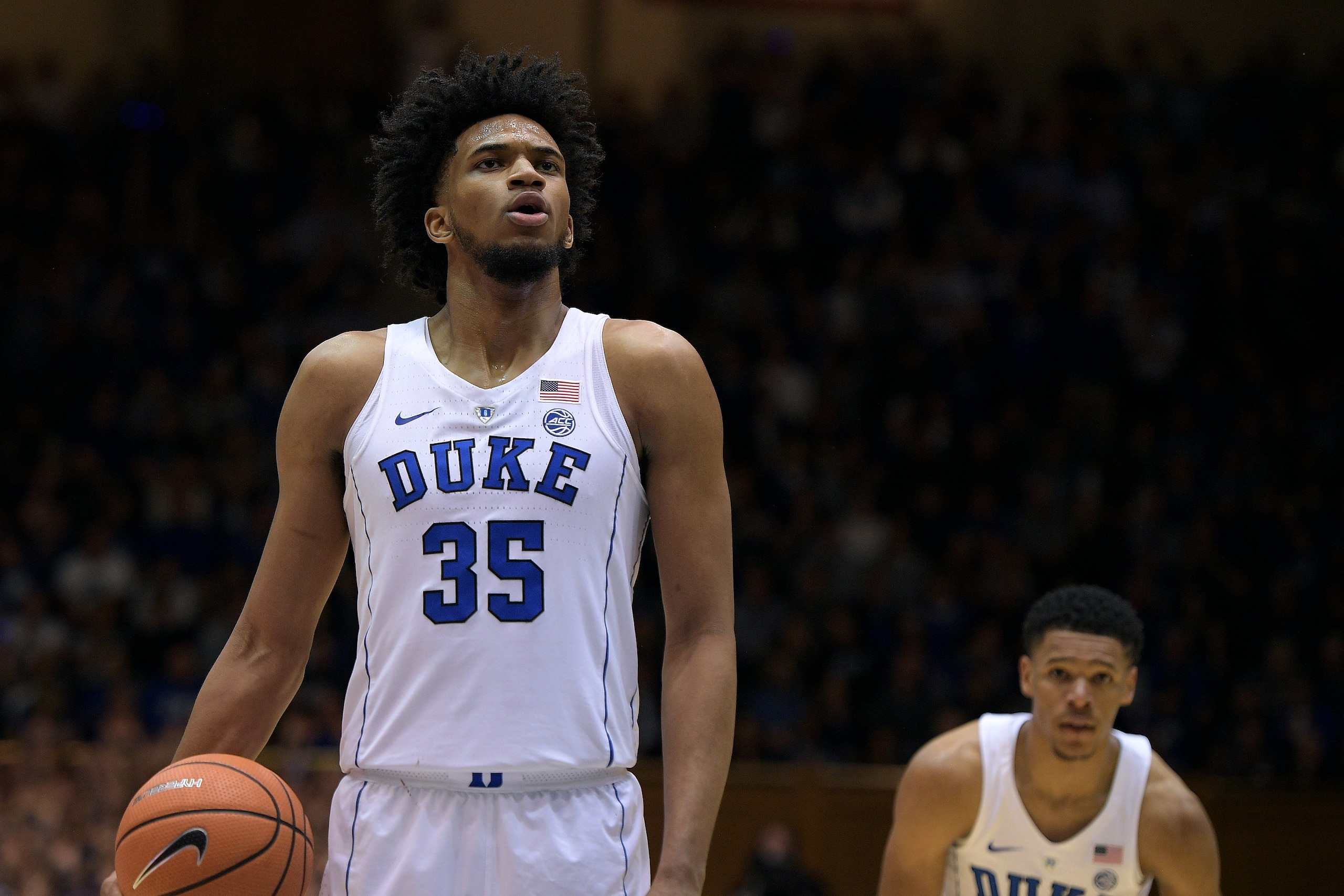 DURHAM, NC - MARCH 03: Marvin Bagley III #35 of the Duke Blue Devils concentrates at the free throw line against the North Carolina Tar Heels at Cameron Indoor Stadium on March 3, 2018 in Durham, North Carolina. Duke won 74-64. (Photo by Lance King/Getty 