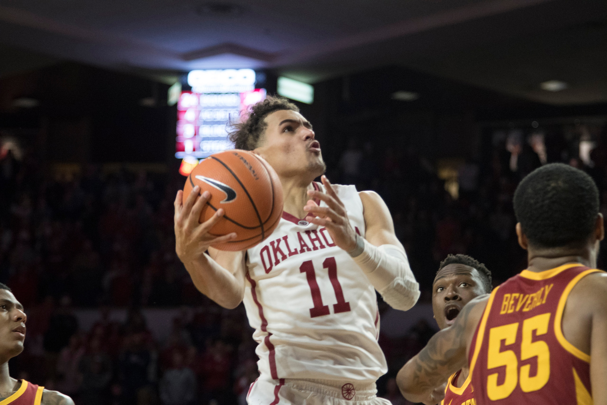 NORMAN, OK - MARCH 2: Trae Young #11 of the Oklahoma Sooners shoots against Iowa State during the second half of a NCAA college basketball game at the Lloyd Noble Center on March 2, 2018 in Norman, Oklahoma. (Photo by J Pat Carter/Getty Images)