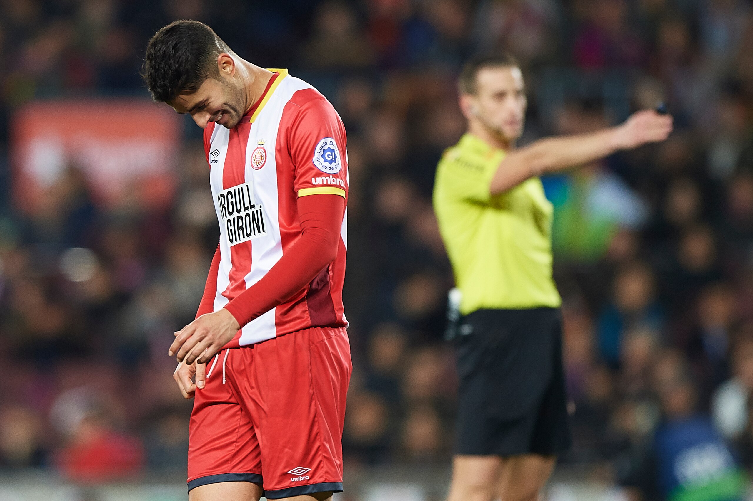 BARCELONA, SPAIN - FEBRUARY 24:  Juanpe Ramirez of Girona reacts during the La Liga match between Barcelona and Girona at Camp Nou on February 24, 2018 in Barcelona, Spain.  (Photo by Quality Sport Images/Getty Images)