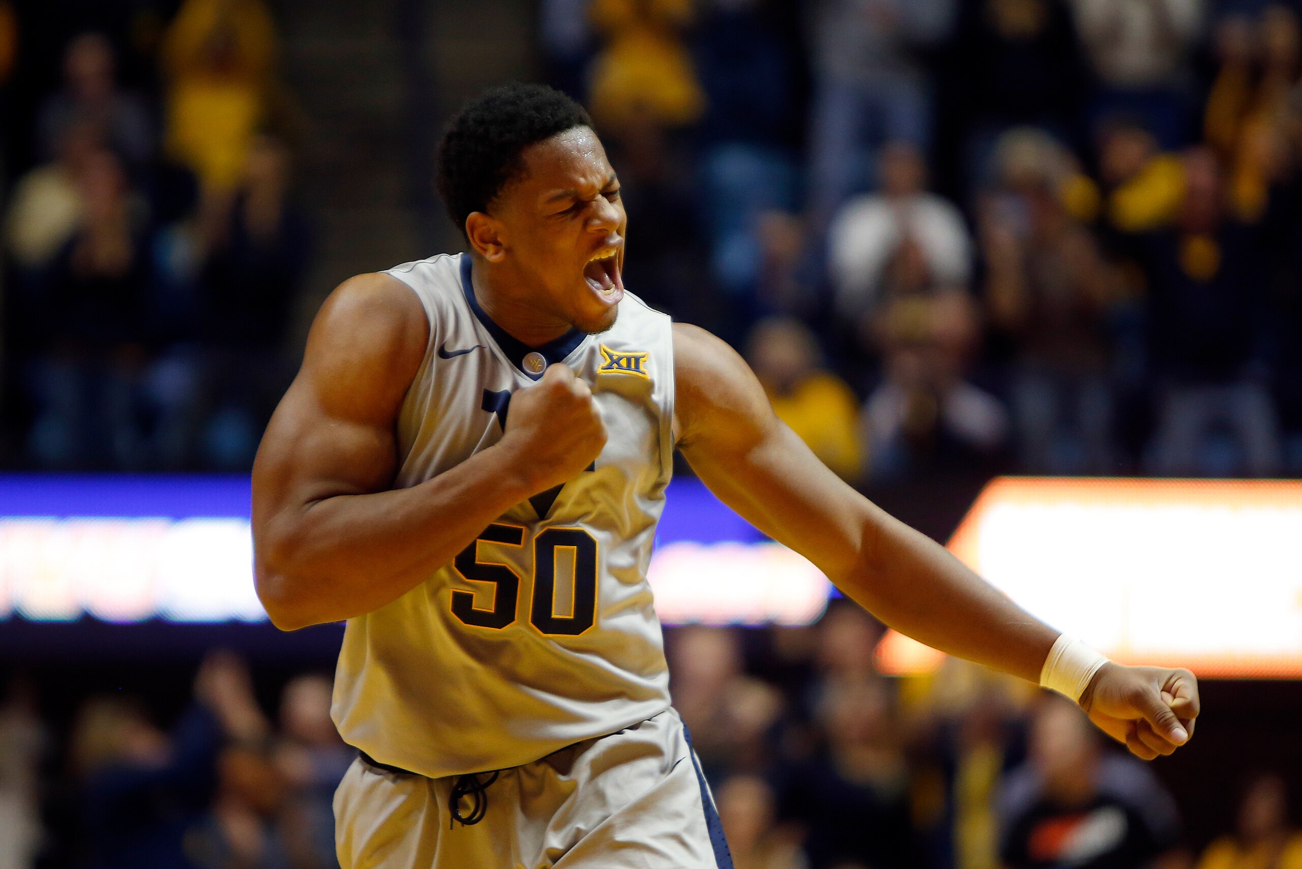 MORGANTOWN, WV - FEBRUARY 26:  Sagaba Konate #50 of the West Virginia Mountaineers reacts in the first half against the Texas Tech Red Raiders at the WVU Coliseum on February 26, 2018 in Morgantown, West Virginia.  (Photo by Justin K. Aller/Getty Images)