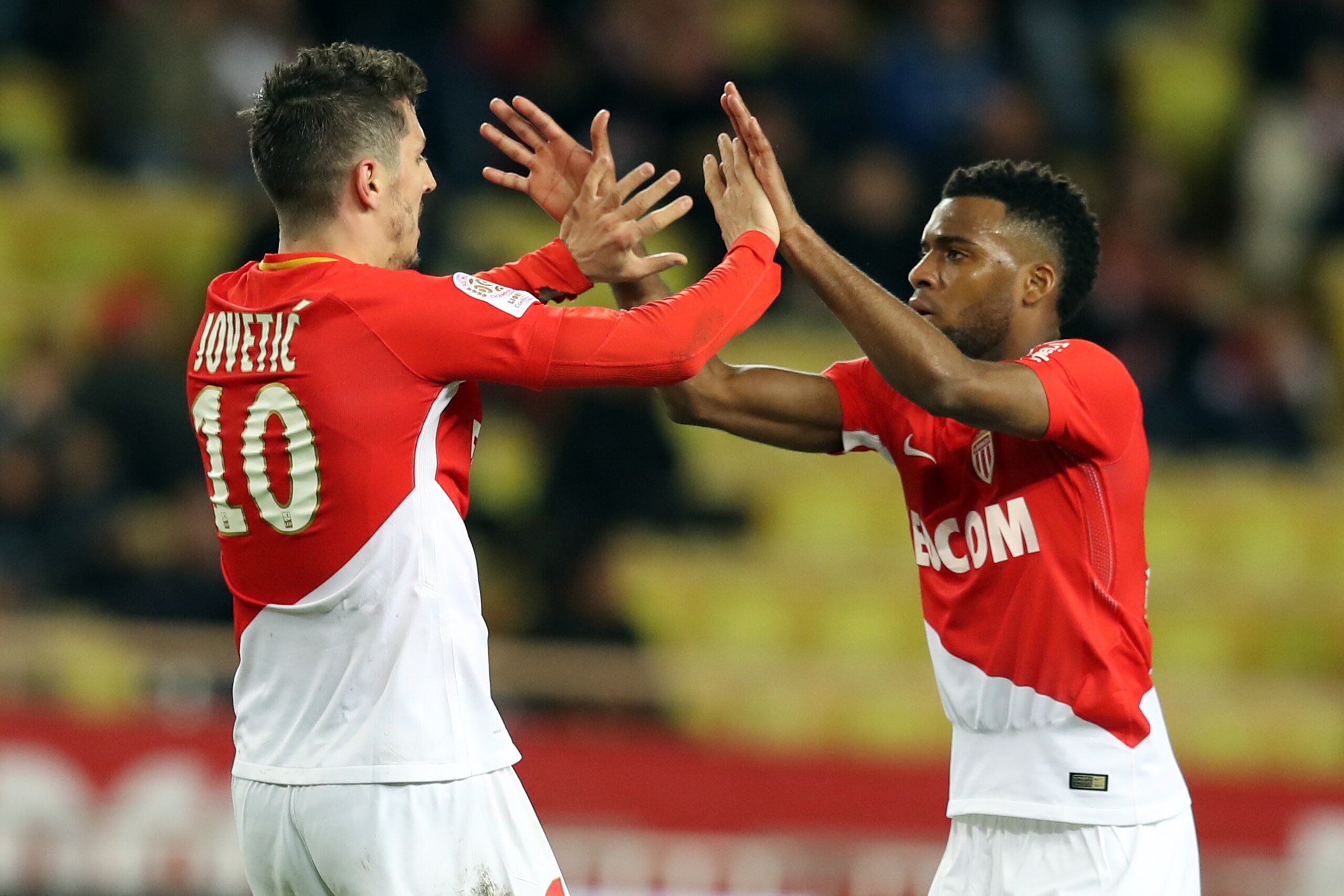Monaco's Yugoslavian forward Stevan Jovetic (L) celebrates after scoring a goal with Monaco's French midfielder Thomas Lemar (R) during the French L1 football match Nice (OGCN) vs Lille (LOSC) on March 2, 2018 at Allianz Riviera Stadium in Nice. / AFP PH Monaco's Yugoslavian forward Stevan Jovetic (L) celebrates after scoring a goal with Monaco's French midfielder Thomas Lemar (R) during the French L1 football match Nice (OGCN) vs Lille (LOSC) on March 2, 2018 at Allianz Riviera Stadium in Nice. / AFP PH