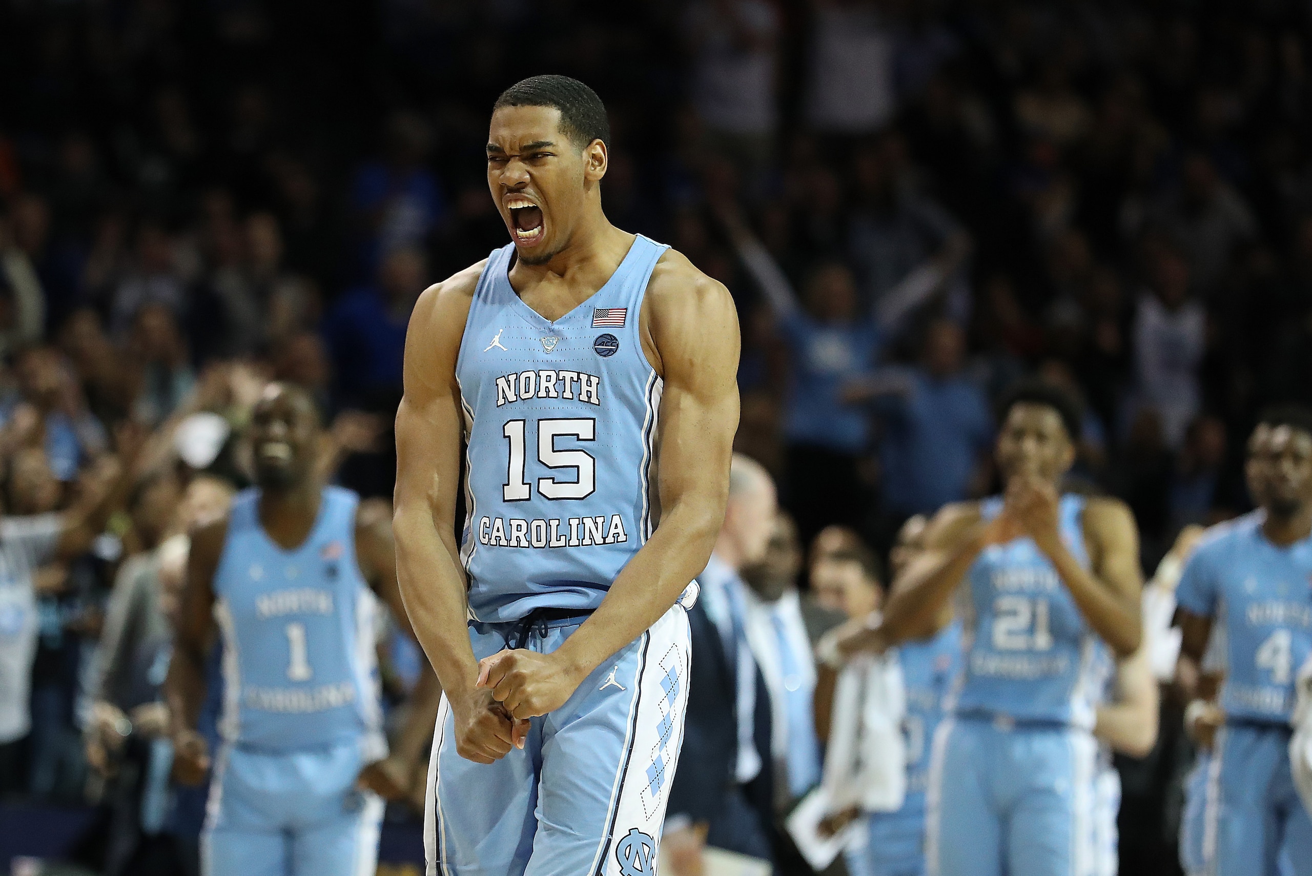 NEW YORK, NY - MARCH 09:  Garrison Brooks #15 of the North Carolina Tar Heels celebrates against Duke Blue Devils  during the semifinals of the ACC Men's Basketball Tournament at the  Barclays Center on March 9, 2018 in New York City.  (Photo by Al Bello/