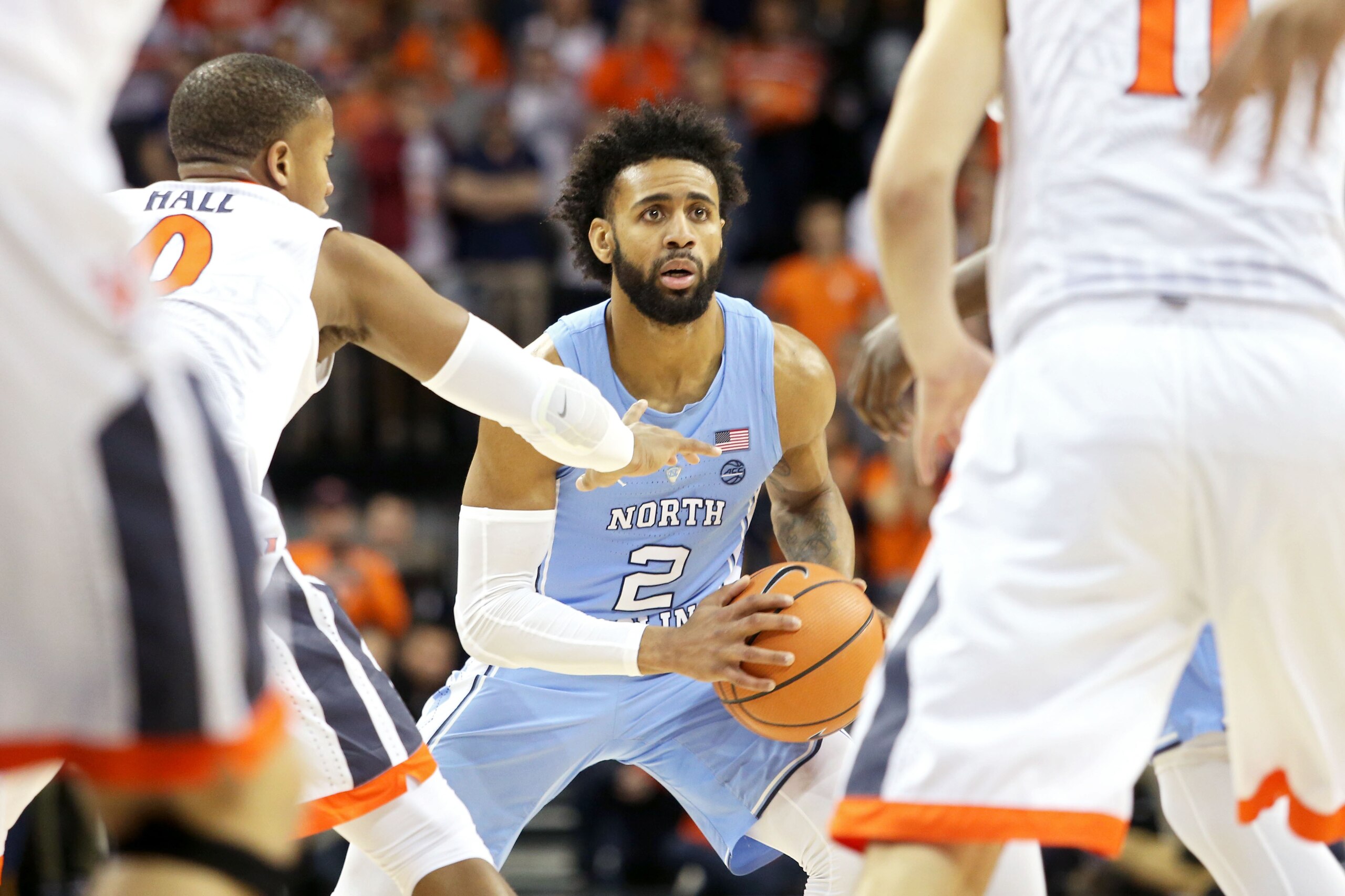 CHARLOTTESVILLE, VA - January 6: Joel Berry II #2 of the North Carolina Tar Heels looks to pass in the first half during a game against the Virginia Cavaliers at John Paul Jones Arena on January 6, 2018 in Charlottesville, Virginia. Virginia defeated Nort