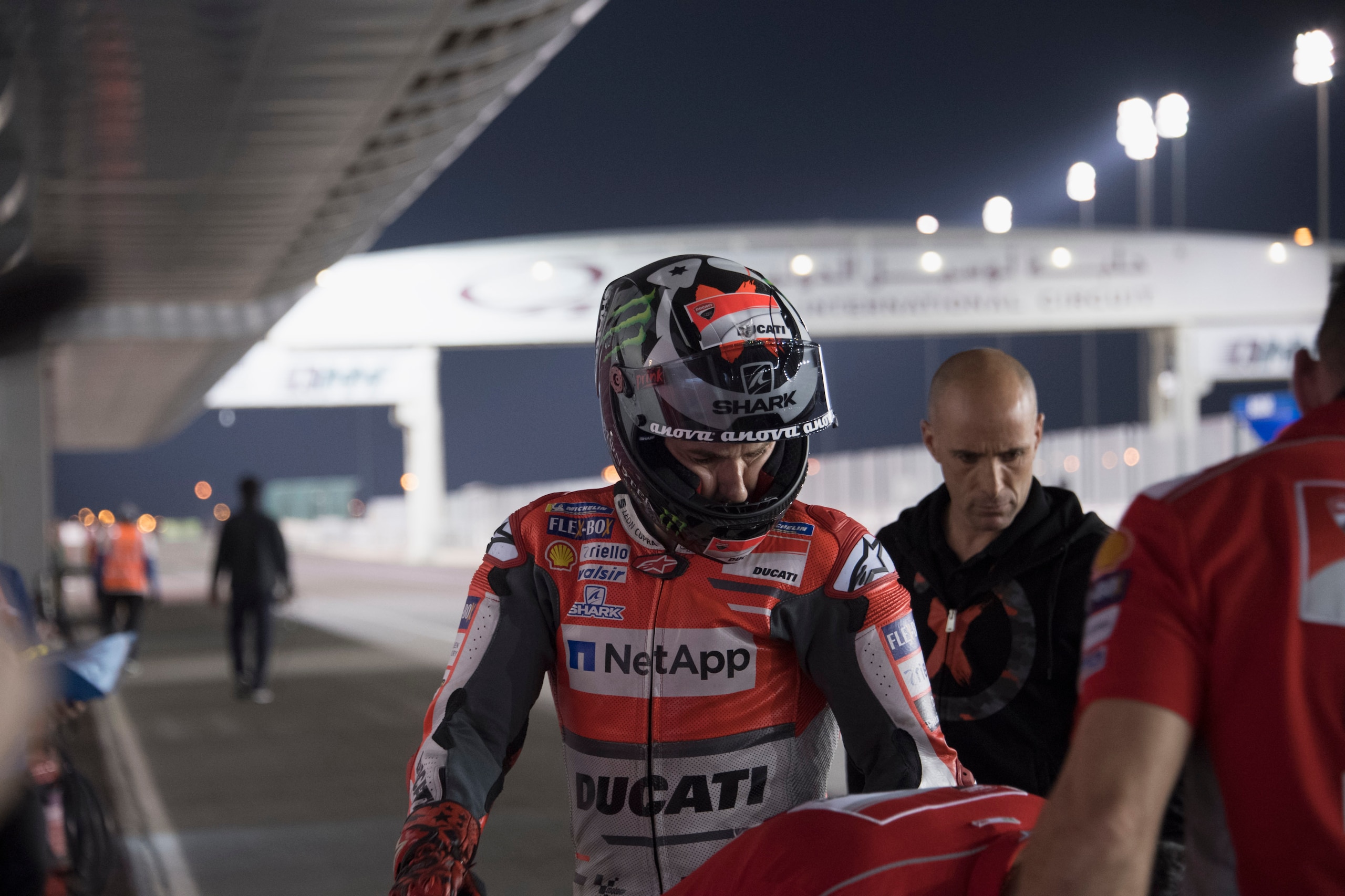DOHA, QATAR - MARCH 03:  Jorge Lorenzo of Spain and Ducati Team  returns in box during the Moto GP Testing - Qatar at Losail Circuit on March 3, 2018 in Doha, Qatar.  (Photo by Mirco Lazzari gp/Getty Images)