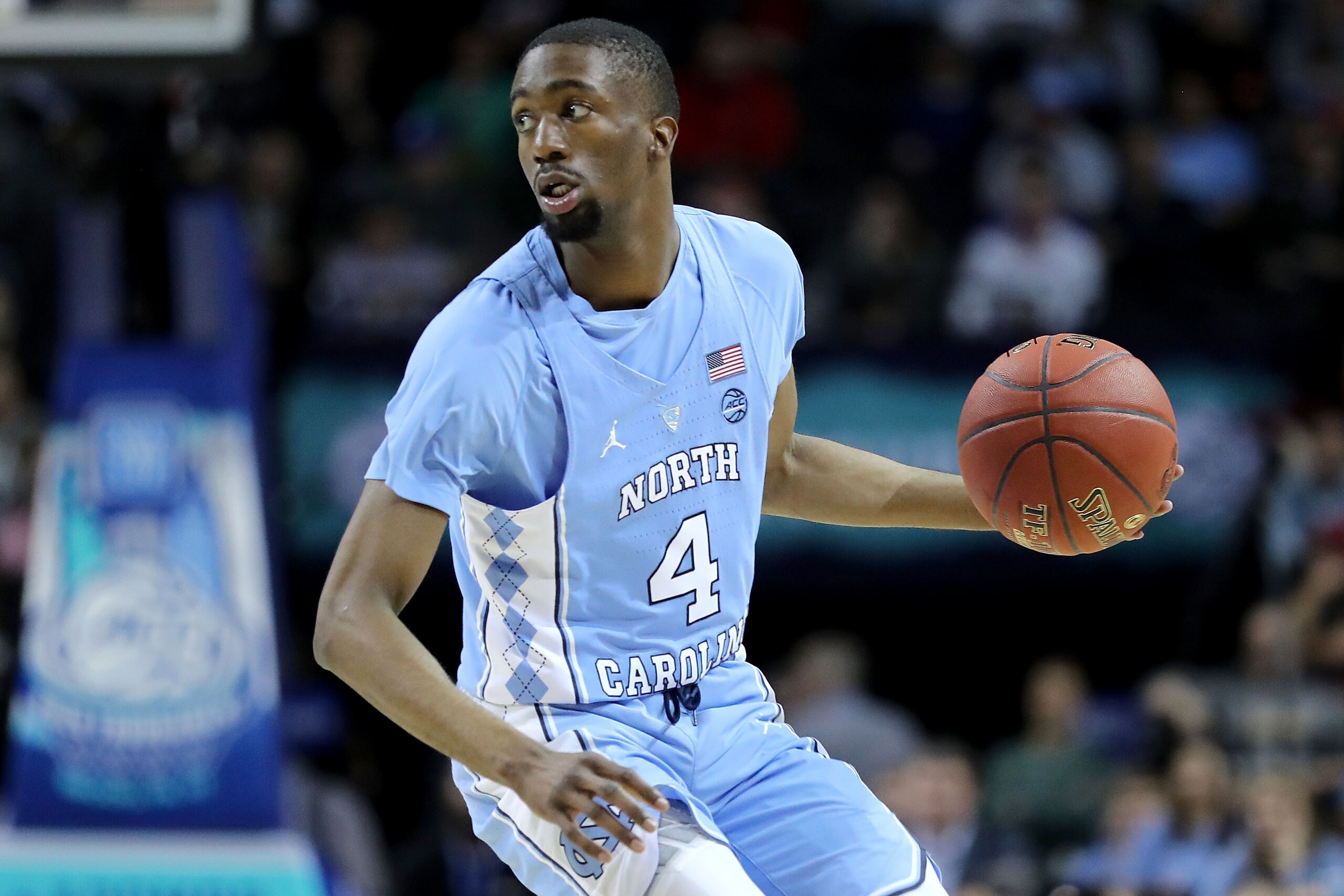 NEW YORK, NY - MARCH 08: Brandon Robinson #4 of the North Carolina Tar Heels looks down the court in the first half against the Miami (Fl) Hurricanes during the quarterfinals of the ACC Men's Basketball Tournament at Barclays Center on March 8, 2018 in th