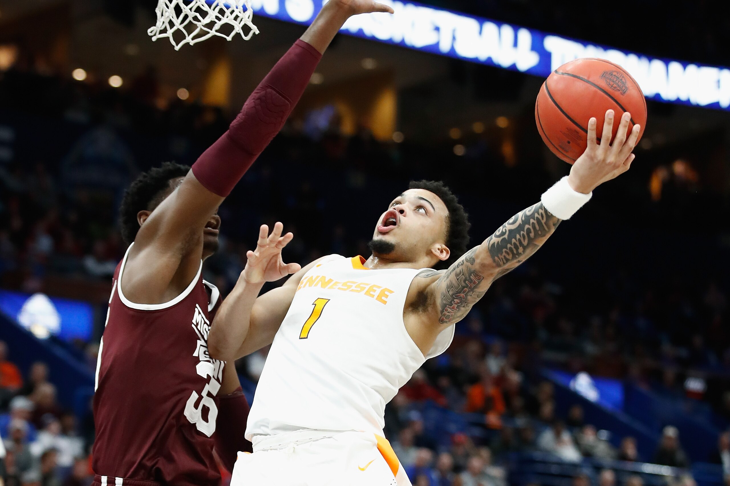 ST LOUIS, MO - MARCH 09:  Lamonte Turner #1 of the Tennessee Volunteers shoots the ball against the Mississippi Bulldogs during the quarterfinals round of the 2018 SEC Basketball Tournament at Scottrade Center on March 9, 2018 in St Louis, Missouri.  (Pho