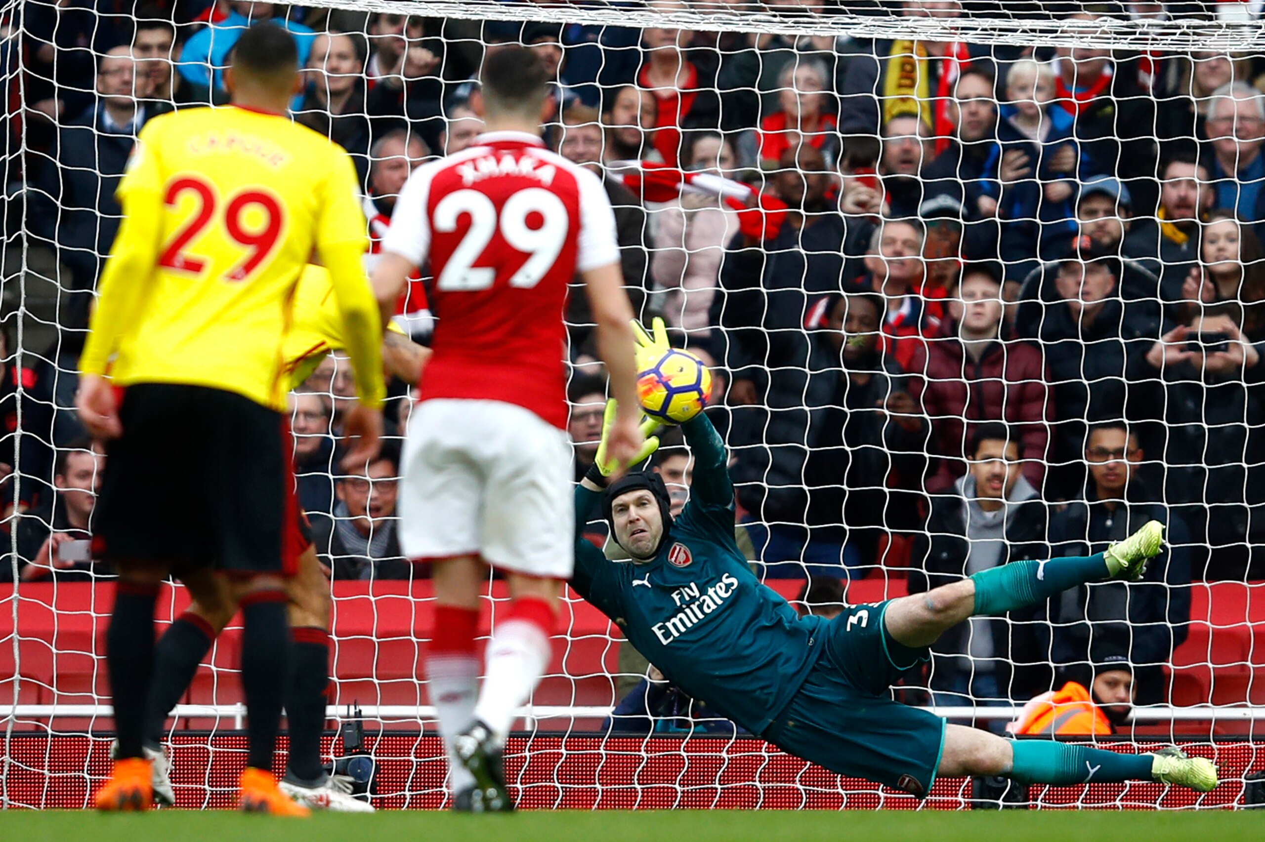 LONDON, ENGLAND - MARCH 11:  Troy Deeney (Not Pictured) of Watford sees his penalty saved by Petr Cech of Arsenal during the Premier League match between Arsenal and Watford at Emirates Stadium on March 11, 2018 in London, England.  (Photo by Julian Finne