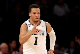 NEW YORK, NY - MARCH 10:  Jalen Brunson #1 of the Villanova Wildcats celebrates his three point shot in the first half against the Providence Friars during the championship game of the Big East Basketball Tournament at Madison Square Garden on March 10, 2