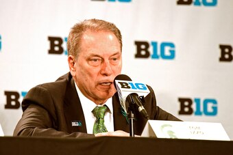 NEW YORK, NY - MARCH 03: Head coach Tom Izzo of the Michigan State Spartans speaks to the media after his teams loss to the Michigan Wolverines during the semifinals of the Big Ten Basketball Tournament at Madison Square Garden on March 3, 2018 in New Yor