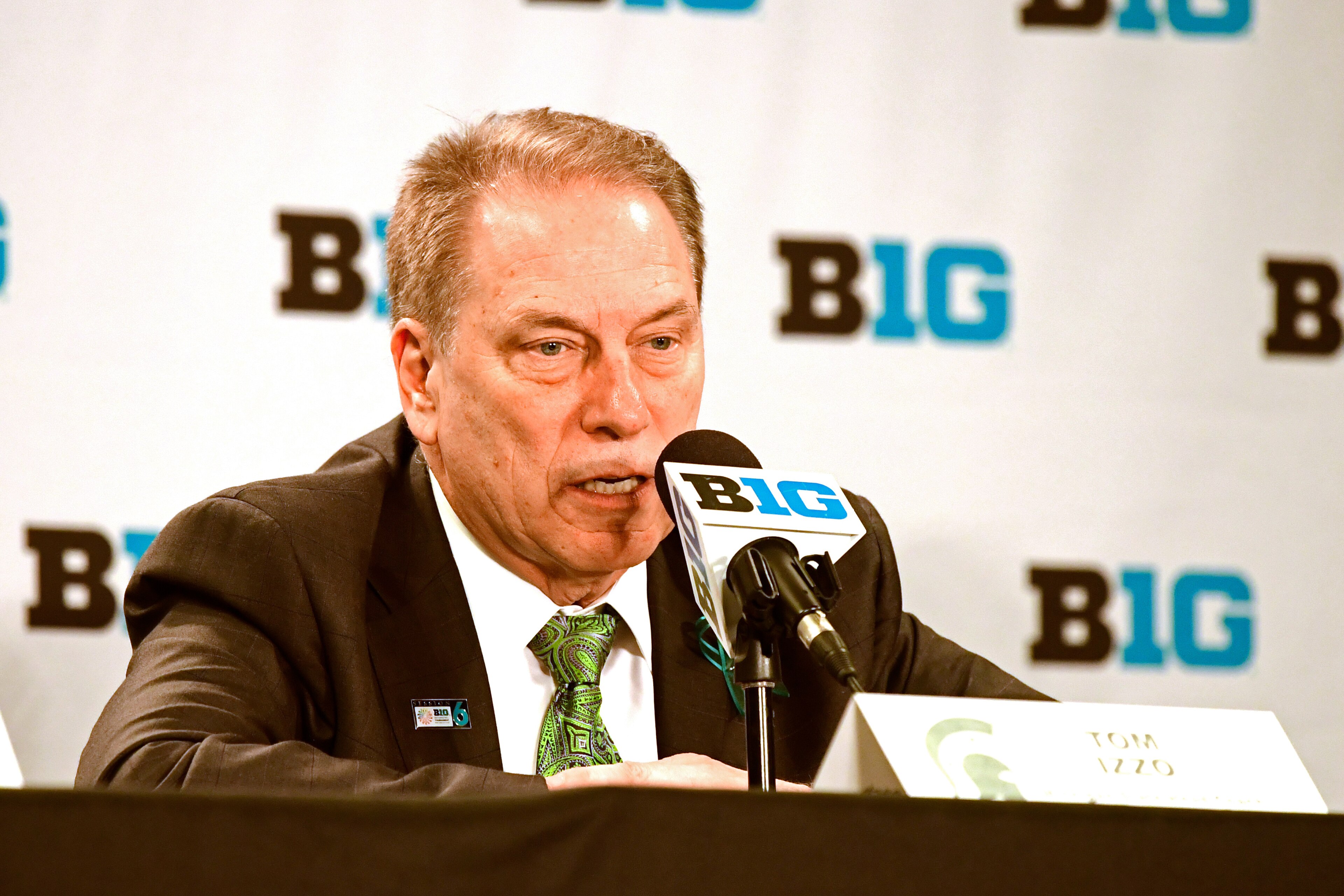 NEW YORK, NY - MARCH 03: Head coach Tom Izzo of the Michigan State Spartans speaks to the media after his teams loss to the Michigan Wolverines during the semifinals of the Big Ten Basketball Tournament at Madison Square Garden on March 3, 2018 in New Yor