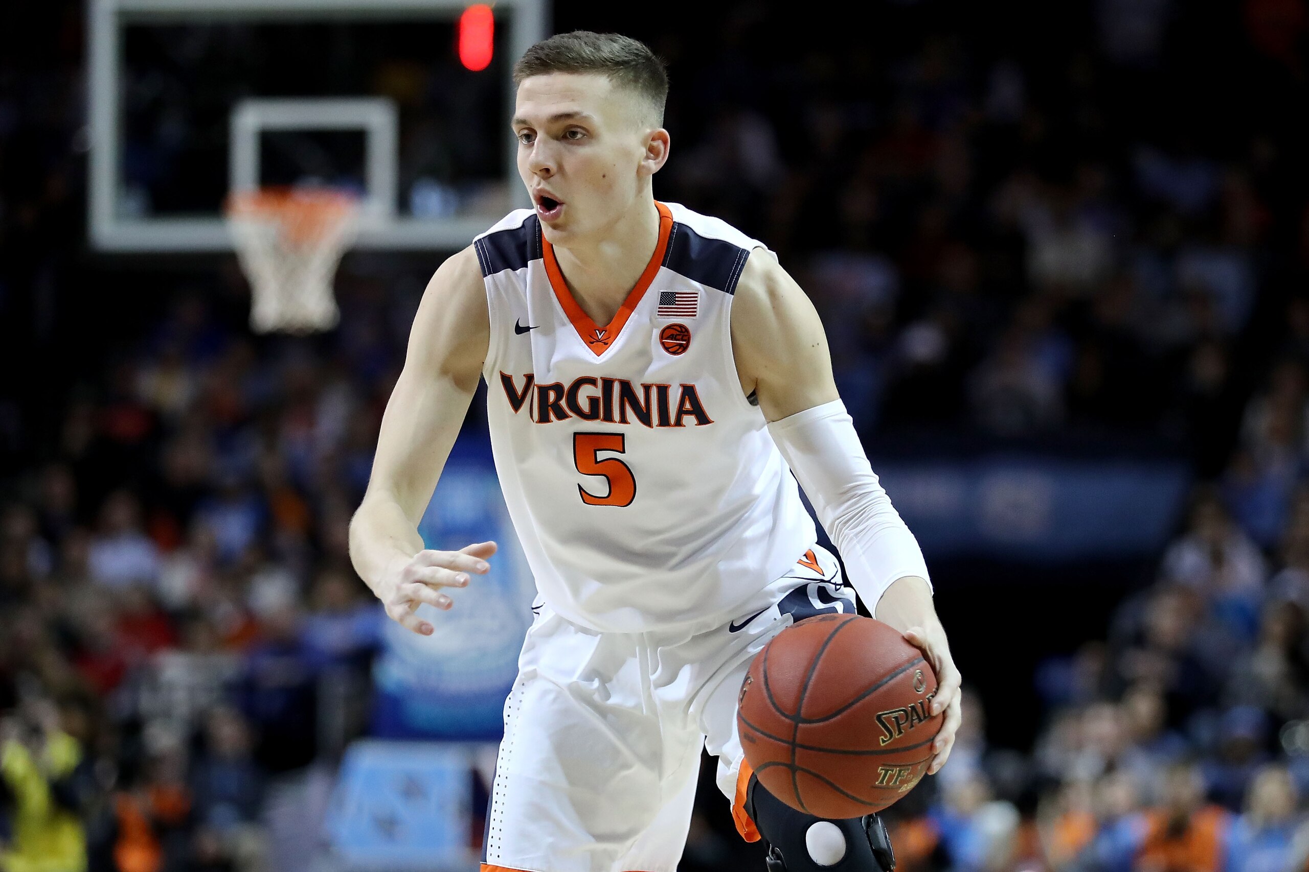 NEW YORK, NY - MARCH 10: Tournament MVP Kyle Guy #5 of the Virginia Cavaliers looks down the court in the second half against the North Carolina Tar Heels during the championship game of the 2018 ACC Men's Basketball Tournament at Barclays Center on March
