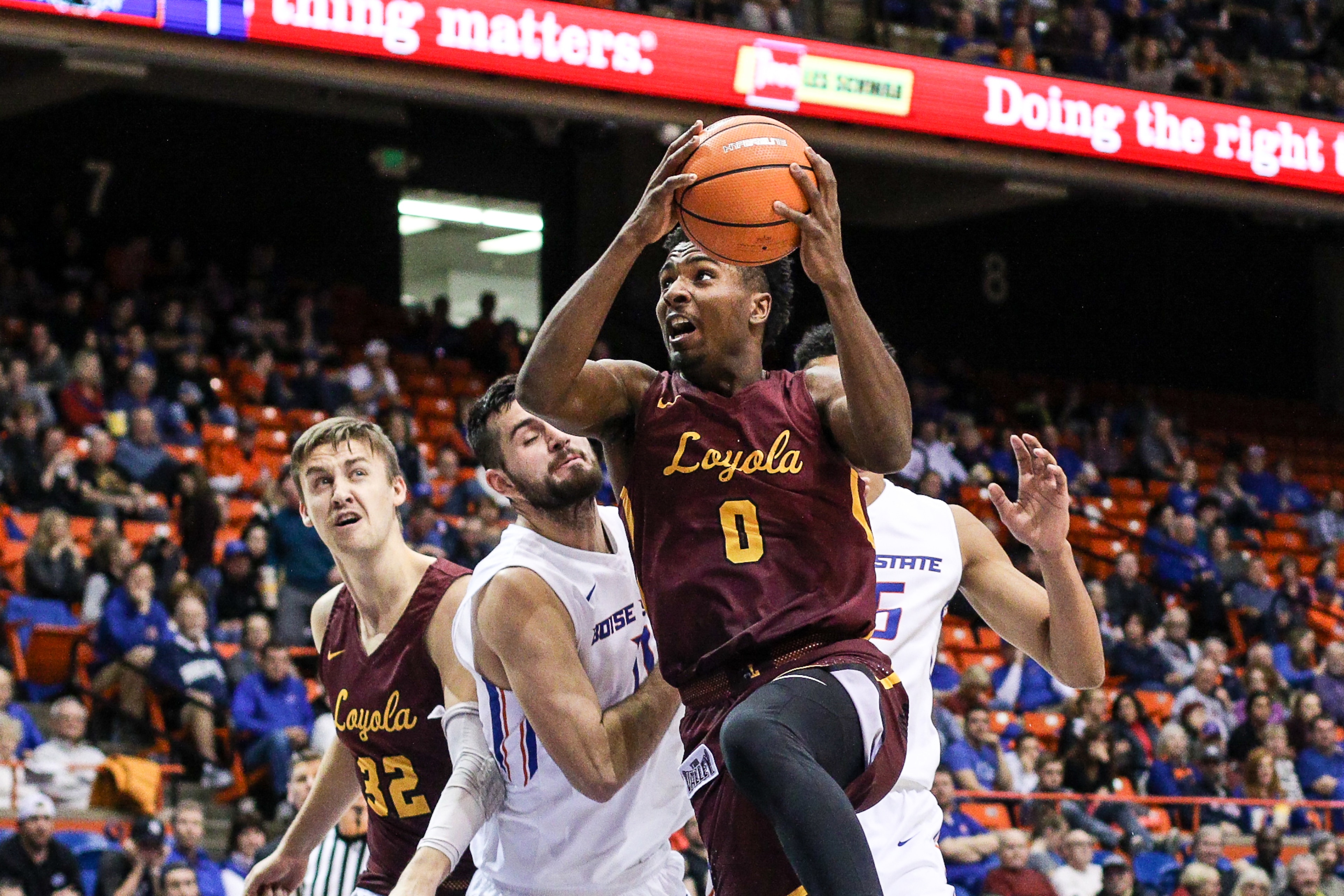 BOISE, ID - NOVEMBER 28: Guard Donte Ingram #0 of the Loyola-Chicago Ramblers drives for two points during second half action against the Boise State Broncos on November 28, 2017 at Taco Bell Arena in Boise, Idaho. Boise State won the game 87-53. (Photo b BOISE, ID - NOVEMBER 28: Guard Donte Ingram #0 of the Loyola-Chicago Ramblers drives for two points during second half action against the Boise State Broncos on November 28, 2017 at Taco Bell Arena in Boise, Idaho. Boise State won the game 87-53. (Photo b