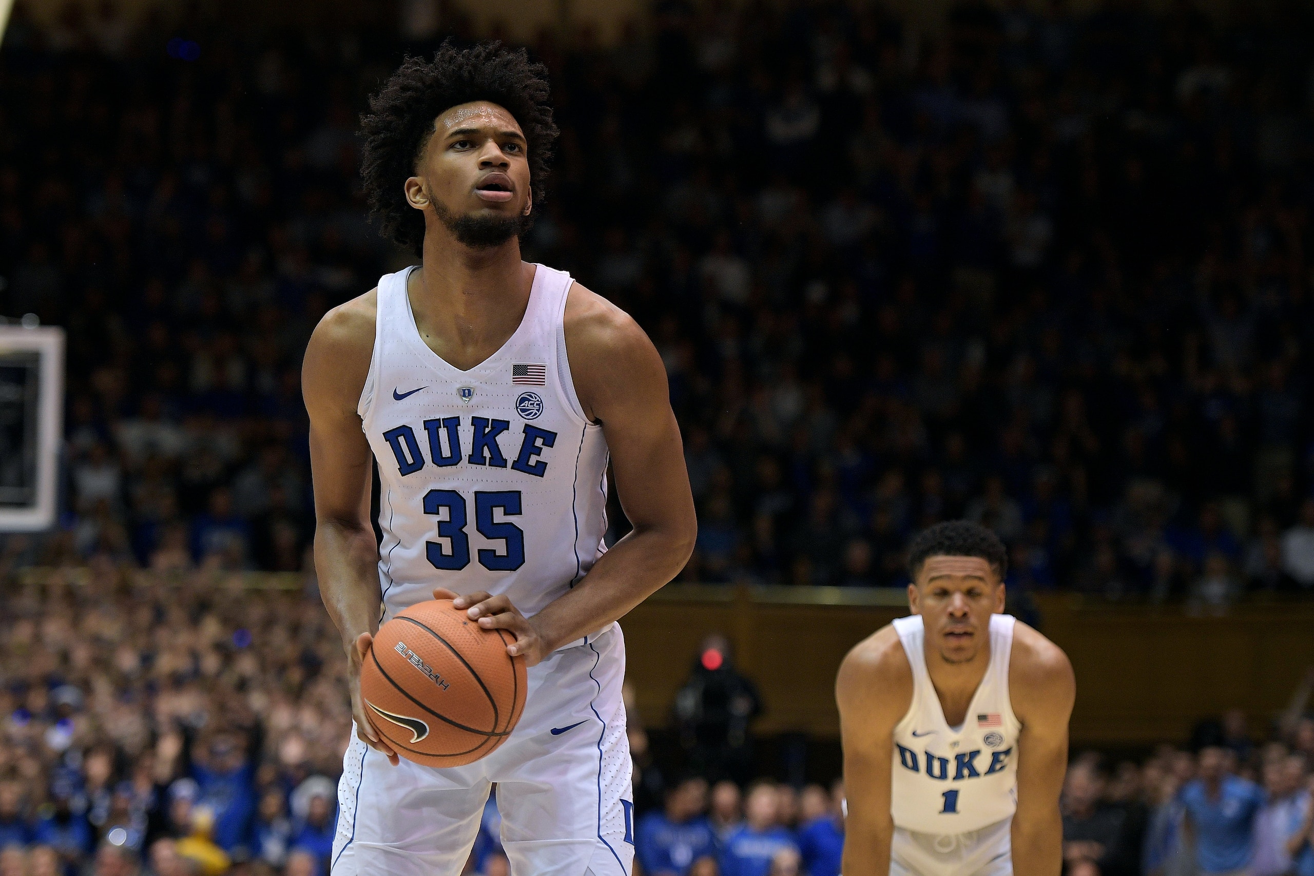 DURHAM, NC - MARCH 03: Marvin Bagley III #35 of the Duke Blue Devils concentrates at the free throw line against the North Carolina Tar Heels at Cameron Indoor Stadium on March 3, 2018 in Durham, North Carolina. Duke won 74-64. (Photo by Lance King/Getty 