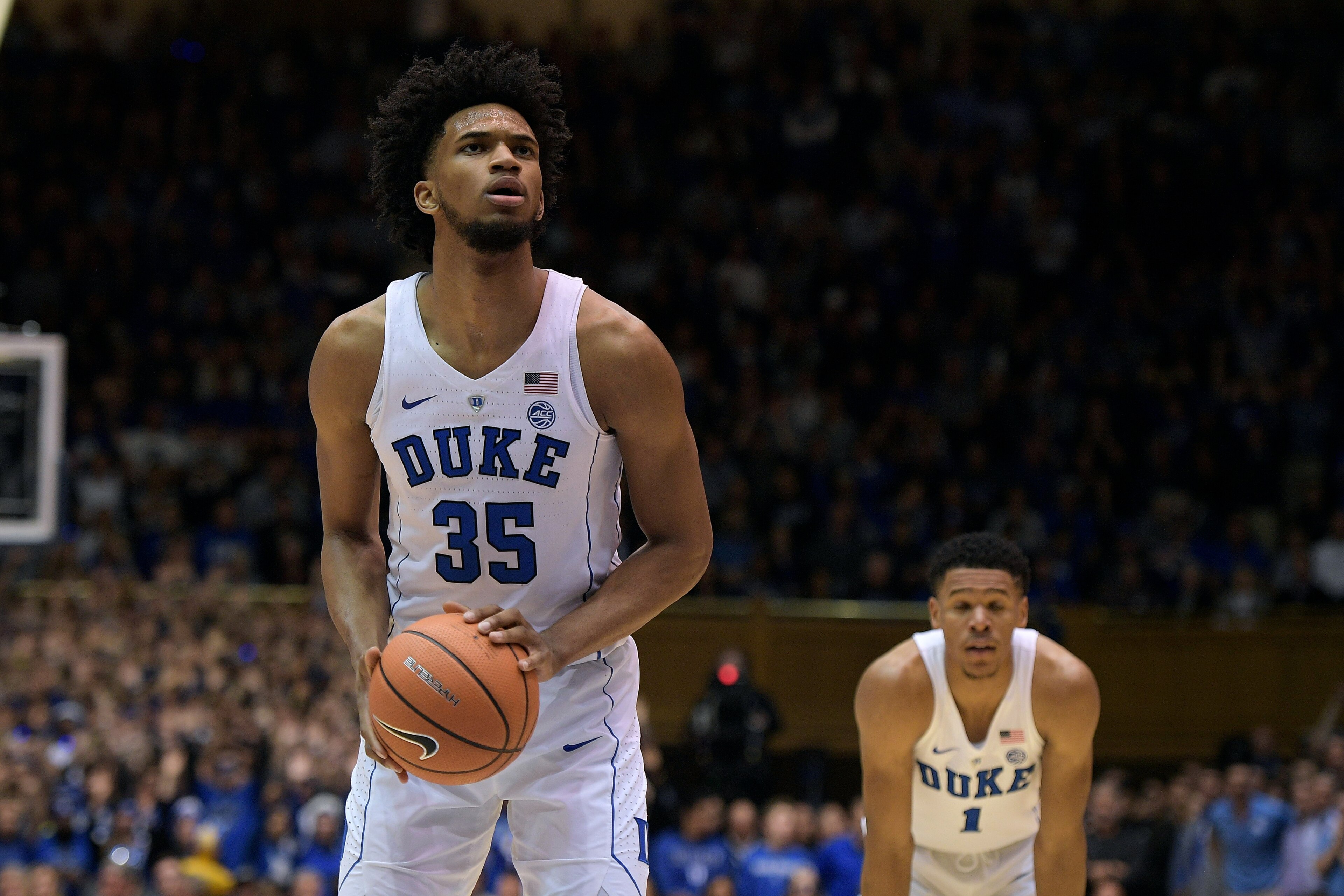 DURHAM, NC - MARCH 03: Marvin Bagley III #35 of the Duke Blue Devils concentrates at the free throw line against the North Carolina Tar Heels at Cameron Indoor Stadium on March 3, 2018 in Durham, North Carolina. Duke won 74-64. (Photo by Lance King/Getty DURHAM, NC - MARCH 03: Marvin Bagley III #35 of the Duke Blue Devils concentrates at the free throw line against the North Carolina Tar Heels at Cameron Indoor Stadium on March 3, 2018 in Durham, North Carolina. Duke won 74-64. (Photo by Lance King/Getty