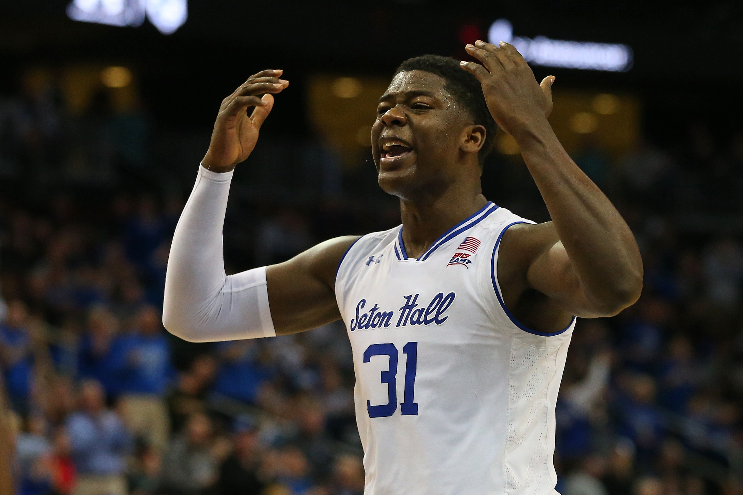 NEWARK, NJ - MARCH 03: Angel Delgado #31 of the Seton Hall Pirates celebrates after a dunk against the Butler Bulldogs during the second half of a game at Prudential Center on March 3, 2018 in Newark, New Jersey. Seton Hall defeated Butler 77-70. (Photo b