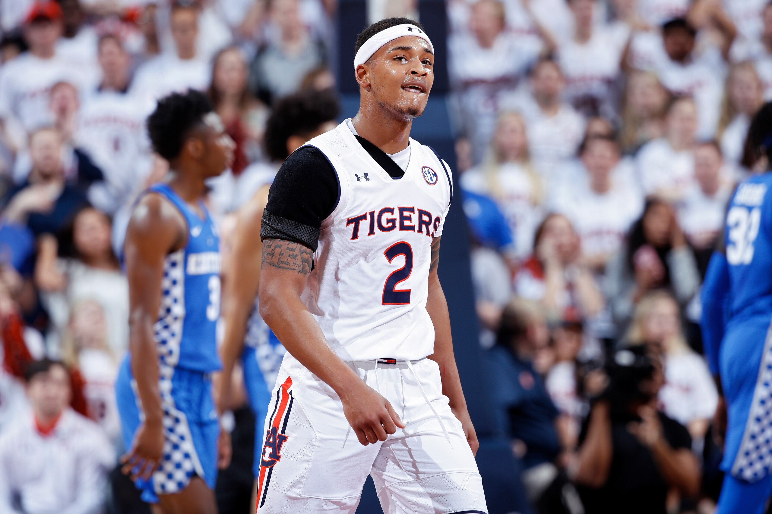 AUBURN, AL - FEBRUARY 14: Bryce Brown #2 of the Auburn Tigers reacts during a game against the Kentucky Wildcats at Auburn Arena on February 14, 2018 in Auburn, Alabama. Auburn defeated Kentucky 76-66. (Photo by Joe Robbins/Getty Images) AUBURN, AL - FEBRUARY 14: Bryce Brown #2 of the Auburn Tigers reacts during a game against the Kentucky Wildcats at Auburn Arena on February 14, 2018 in Auburn, Alabama. Auburn defeated Kentucky 76-66. (Photo by Joe Robbins/Getty Images)