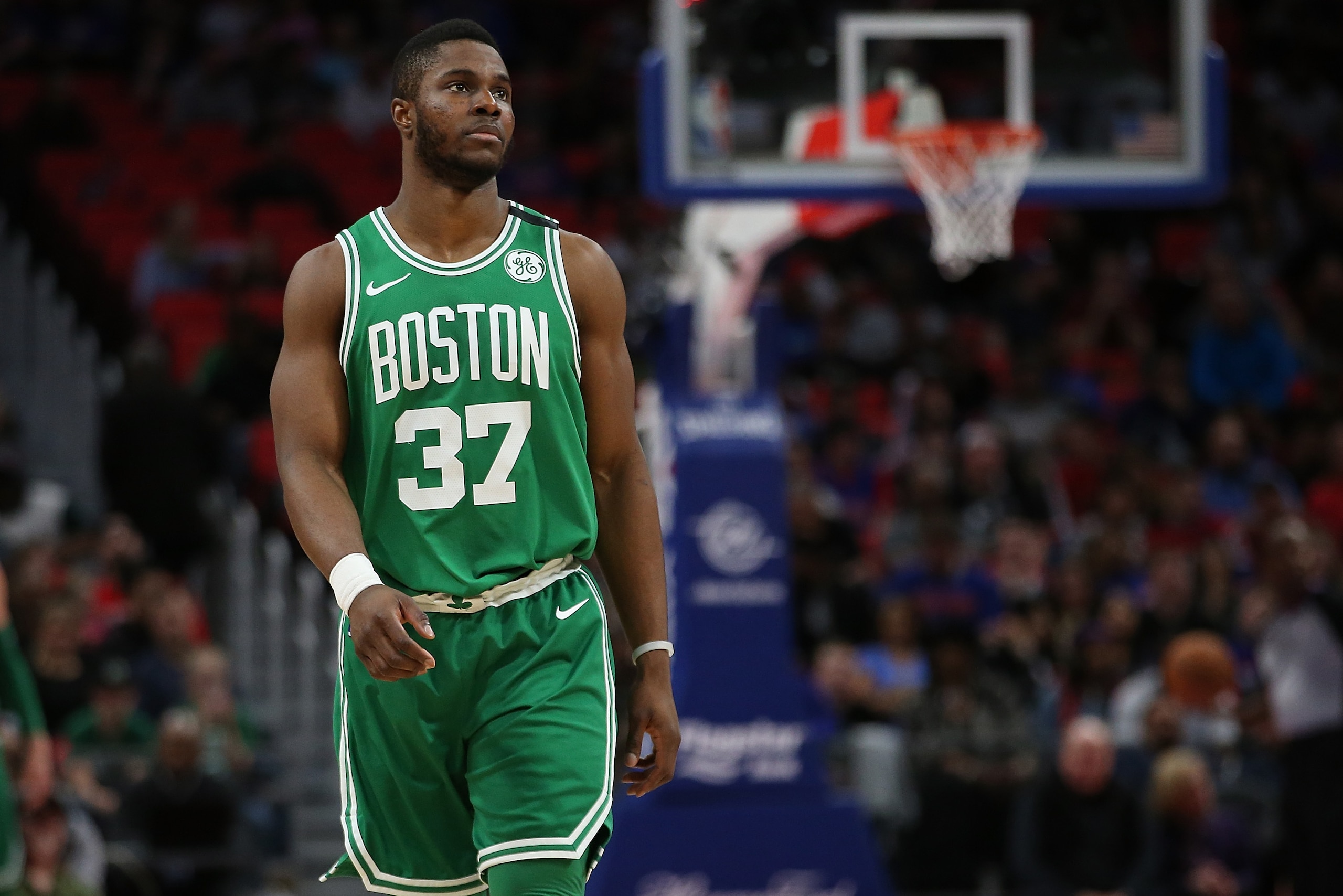 DETROIT, MI - FEBRUARY 23: Semi Ojeleye #37 of the Boston Celtics looks to the sidelines during the third quarter of the game against the Detroit Pistons at Little Caesars Arena on February 23, 2018 in Detroit, Michigan. Boston defeated Detroit 110-98. NO DETROIT, MI - FEBRUARY 23: Semi Ojeleye #37 of the Boston Celtics looks to the sidelines during the third quarter of the game against the Detroit Pistons at Little Caesars Arena on February 23, 2018 in Detroit, Michigan. Boston defeated Detroit 110-98. NO