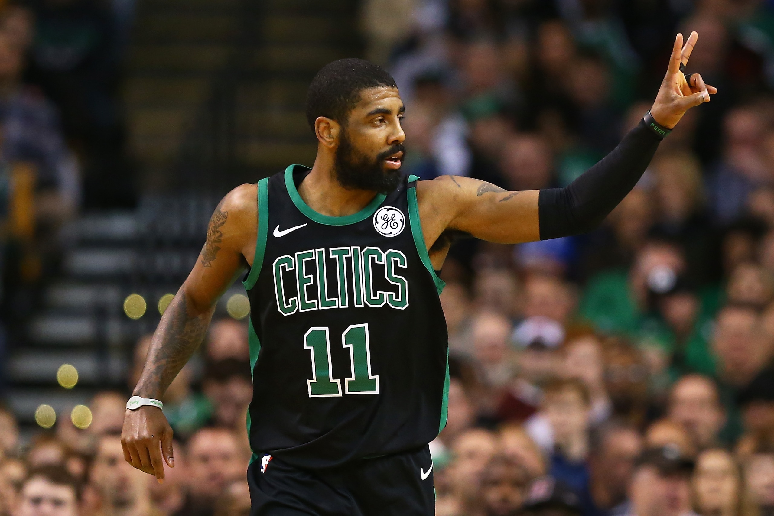 BOSTON, MA - MARCH 11: Kyrie Irving #11 of the Boston Celtics gestures during a game against the Indiana Pacers at TD Garden on March 11, 2018 in Boston, Massachusetts. NOTE TO USER: User expressly acknowledges and agrees that, by downloading and or usin BOSTON, MA - MARCH 11: Kyrie Irving #11 of the Boston Celtics gestures during a game against the Indiana Pacers at TD Garden on March 11, 2018 in Boston, Massachusetts. NOTE TO USER: User expressly acknowledges and agrees that, by downloading and or usin