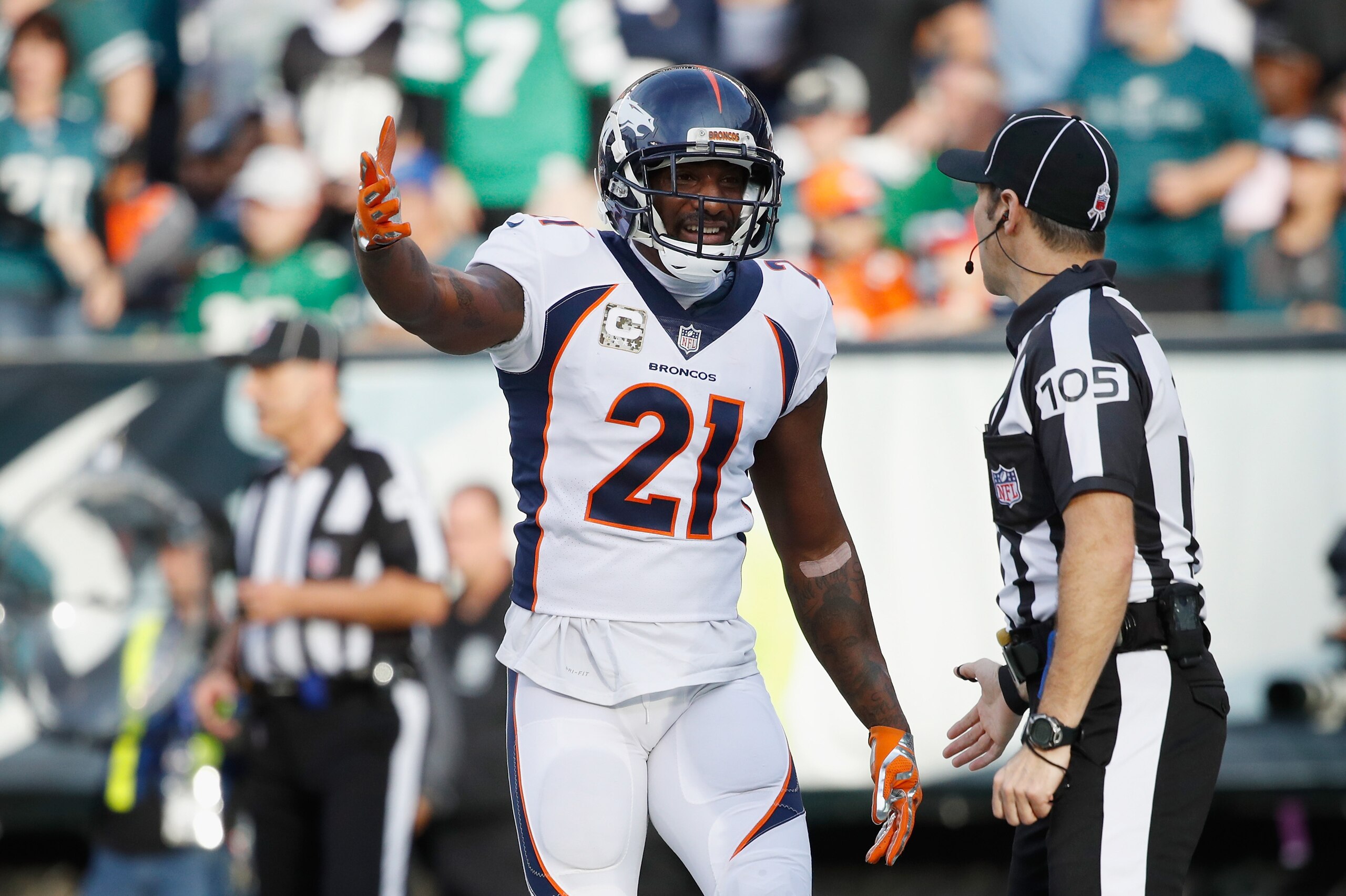PHILADELPHIA, PA - NOVEMBER 05:  Cornerback Aqib Talib #21 of the Denver Broncos talks to back judge Dino Paganelli #105 during the third quarter against the Philadelphia Eagles at Lincoln Financial Field on November 5, 2017 in Philadelphia, Pennsylvania.