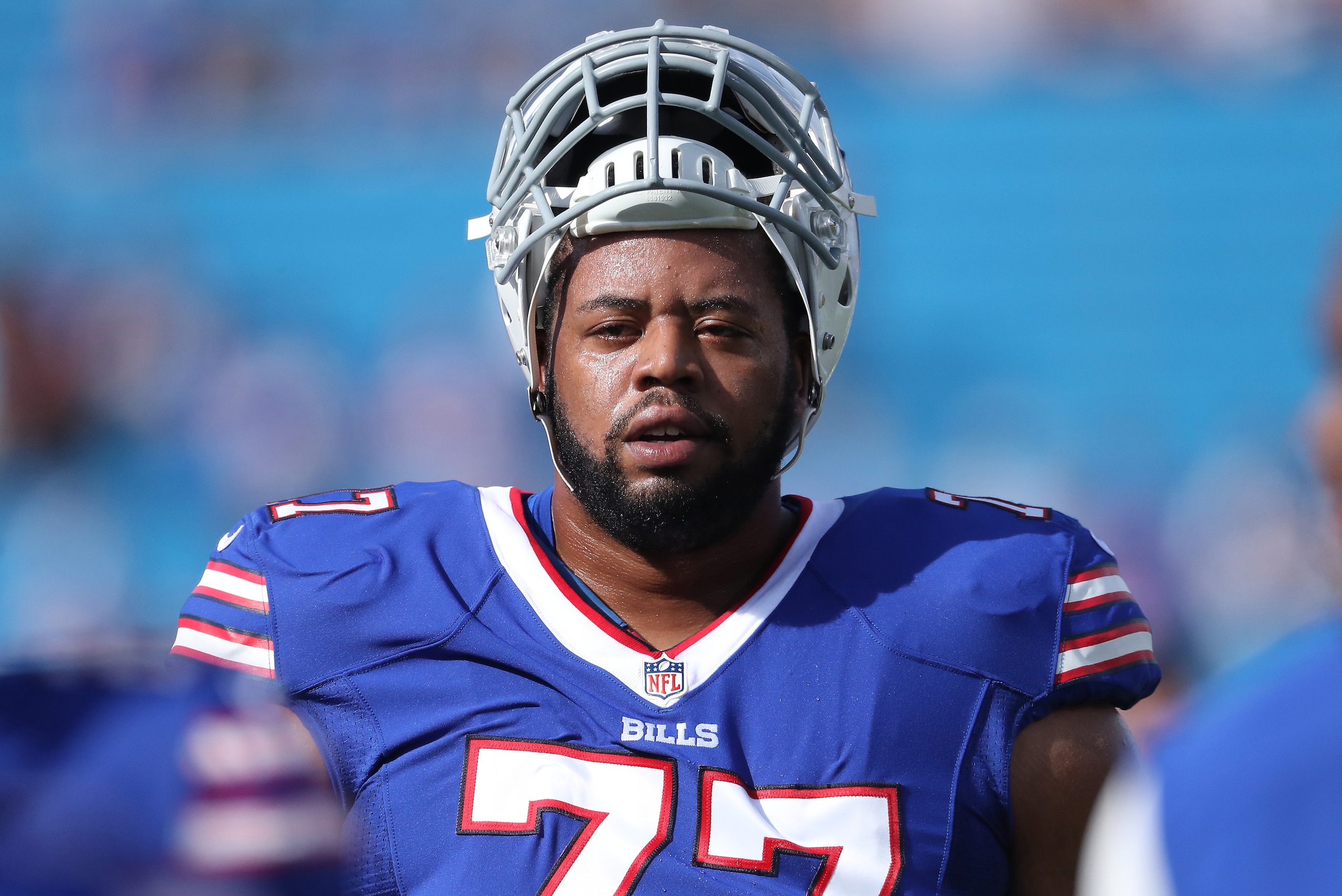 BUFFALO, NY - OCTOBER 22: Cordy Glenn #77 of the Buffalo Bills warms up before the start of NFL game action against the Tampa Bay Buccaneers at New Era Field on October 22, 2017 in Buffalo, New York. (Photo by Tom Szczerbowski/Getty Images)