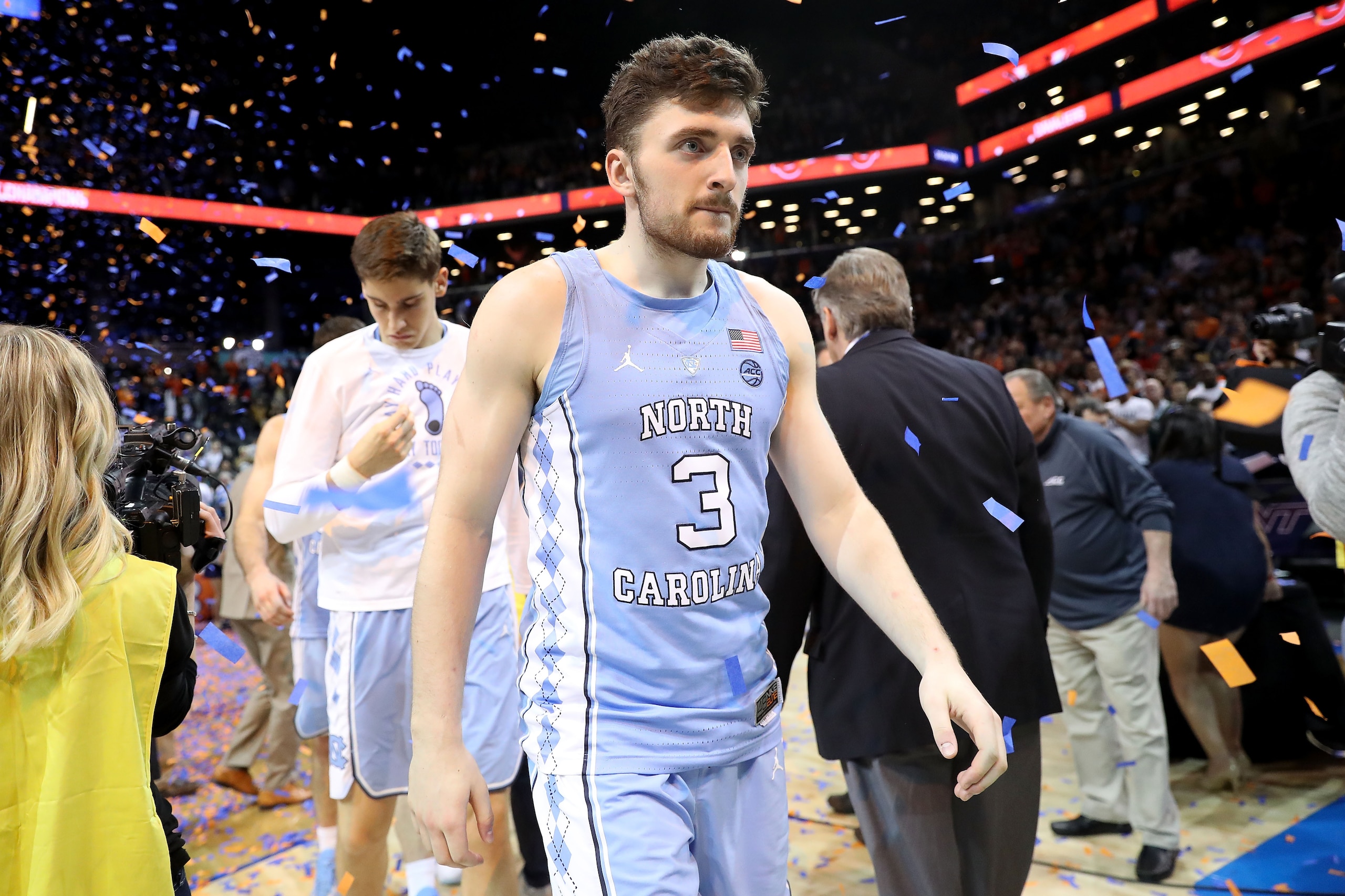 NEW YORK, NY - MARCH 10: Andrew Platek #3 of the North Carolina Tar Heels exits the court after falling to the Virginia Cavaliers 71-63 during the championship game of the 2018 ACC Men's Basketball Tournament at Barclays Center on March 10, 2018 in the Br