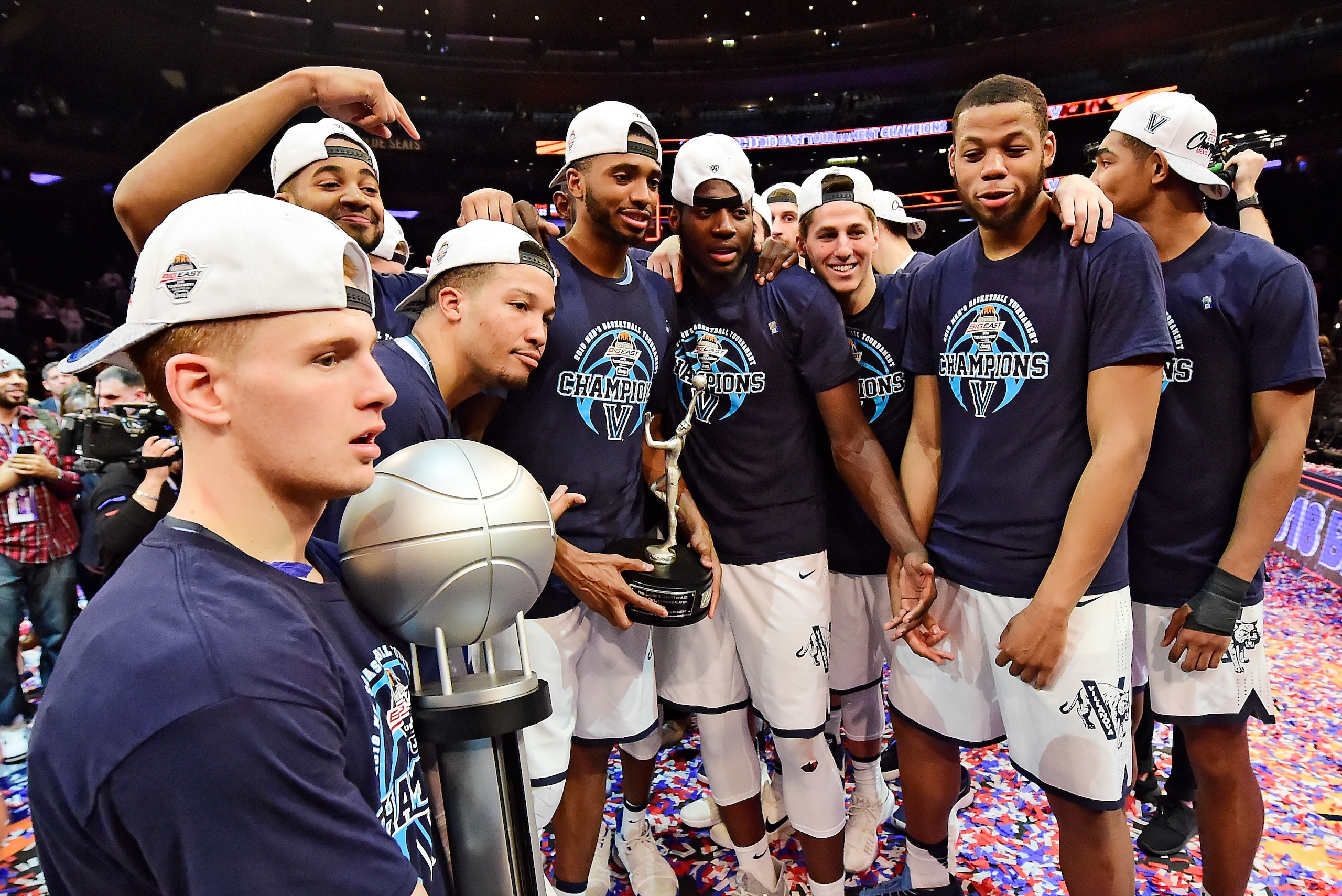 NEW YORK, NY - MARCH 10:  The Villanova Wildcats celebrate with the championship trophy after defeating the Providence Friars 76-66 in overtime of the championship game of the Big East Basketball Tournament at Madison Square Garden on March 10, 2018 in Ne