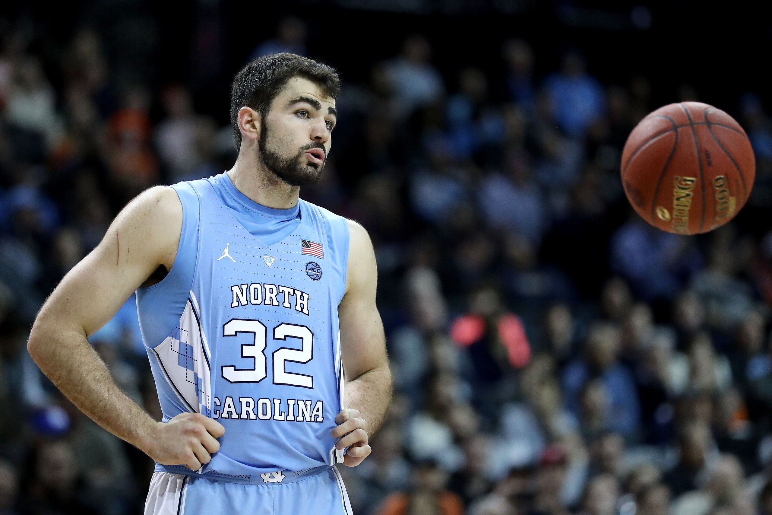 NEW YORK, NY - MARCH 10: Luke Maye #32 of the North Carolina Tar Heels reacts in the second half against the Virginia Cavaliers during the championship game of the 2018 ACC Men's Basketball Tournament at Barclays Center on March 10, 2018 in the Brooklyn b