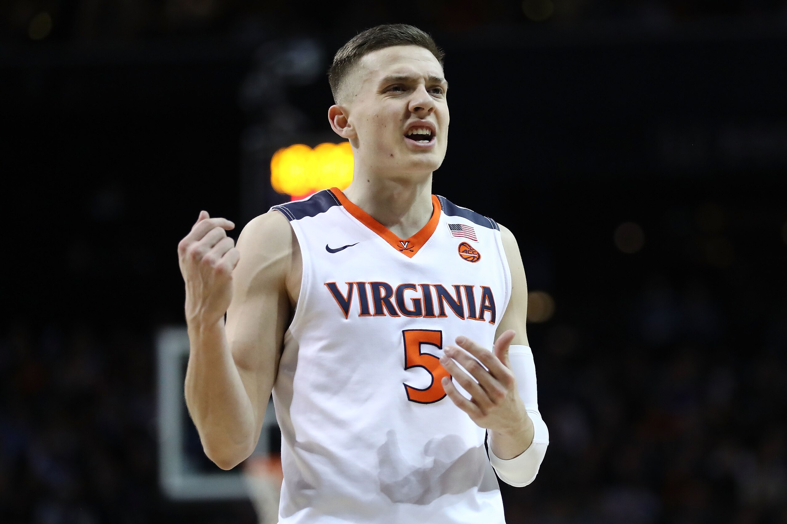 NEW YORK, NY - MARCH 10:  Tournament MVP Kyle Guy #5 of the Virginia Cavaliers reacts in the second half against the North Carolina Tar Heels during the championship game of the 2018 ACC Men's Basketball Tournament at Barclays Center on March 10, 2018 in 