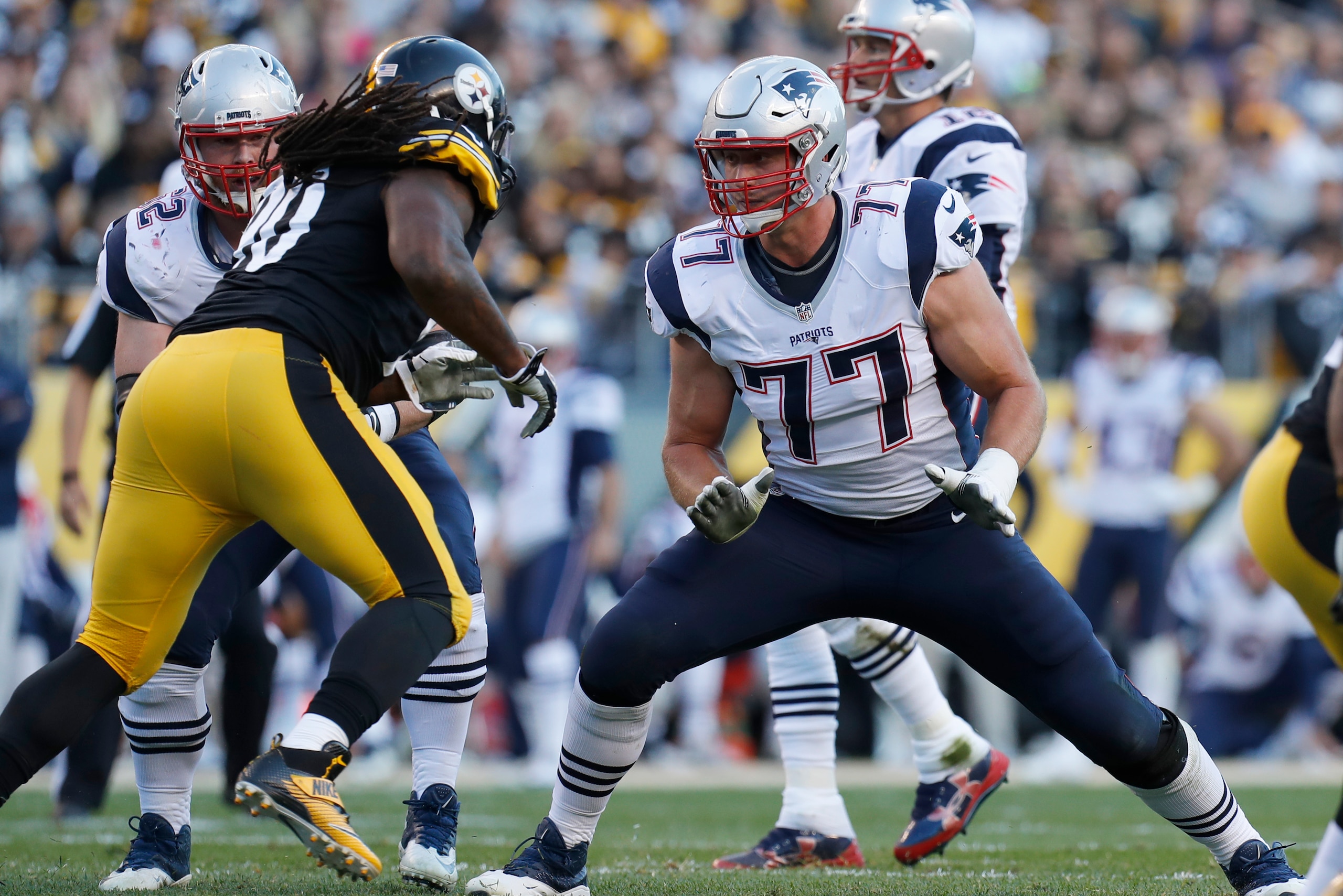 PITTSBURGH, PA - OCTOBER 23:  Nate Solder #77 of the New England Patriots in action against the Pittsburgh Steelers at Heinz Field on October 23, 2016 in Pittsburgh, Pennsylvania. (Photo by Justin K. Aller/Getty Images)