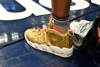 NEW ORLEANS, LA - FEBRUARY 18: A pair of shoes worn by Derrick Jones Jr #10 of the Phoenix Suns during the Verizon Slam Dunk Contest on State Farm All-Star Saturday Night as part of the 2017 NBA All-Star Weekend on February 18, 2017 at the Smoothie King C