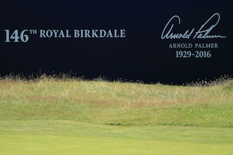 SOUTHPORT, ENGLAND - JULY 18:  A general view of a grandstand with an Arnold Palmer memorial signature during a practice round prior to the 146th Open Championship at Royal Birkdale on July 18, 2017 in Southport, England.  (Photo by Andrew Redington/Getty