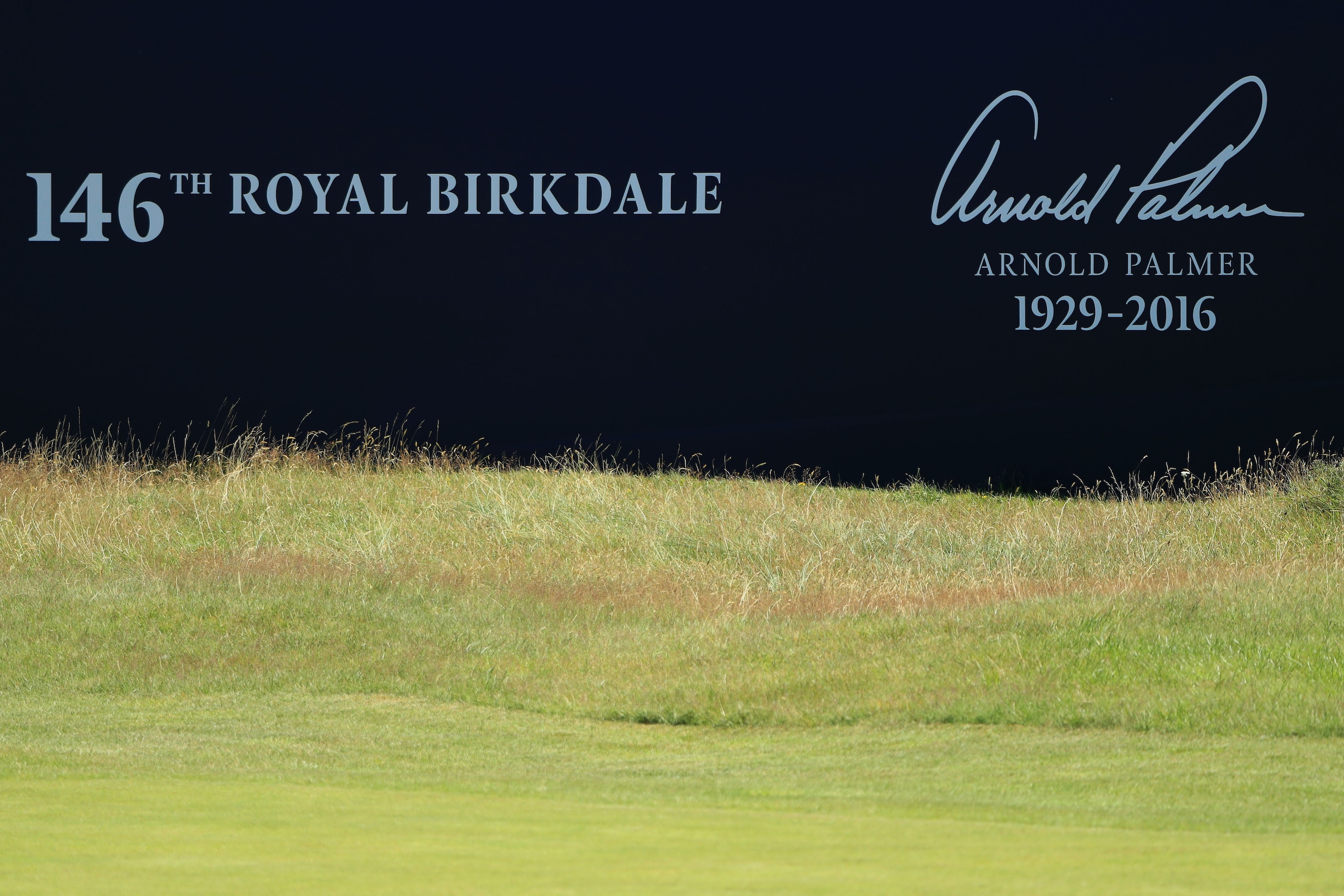SOUTHPORT, ENGLAND - JULY 18:  A general view of a grandstand with an Arnold Palmer memorial signature during a practice round prior to the 146th Open Championship at Royal Birkdale on July 18, 2017 in Southport, England.  (Photo by Andrew Redington/Getty