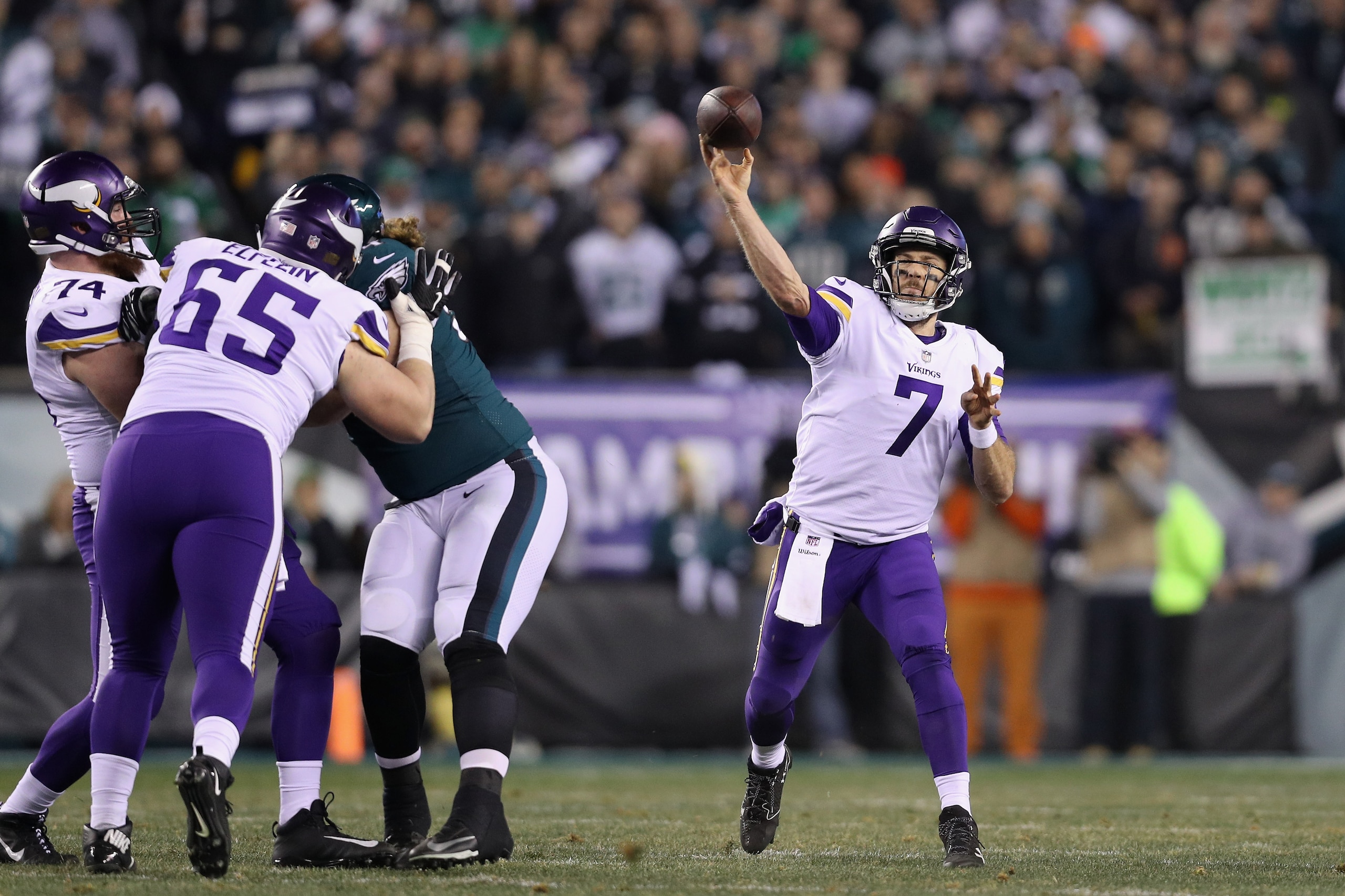 PHILADELPHIA, PA - JANUARY 21: Case Keenum #7 of the Minnesota Vikings attempts a pass during the first quarter against the Philadelphia Eagles in the NFC Championship game at Lincoln Financial Field on January 21, 2018 in Philadelphia, Pennsylvania.  (Ph