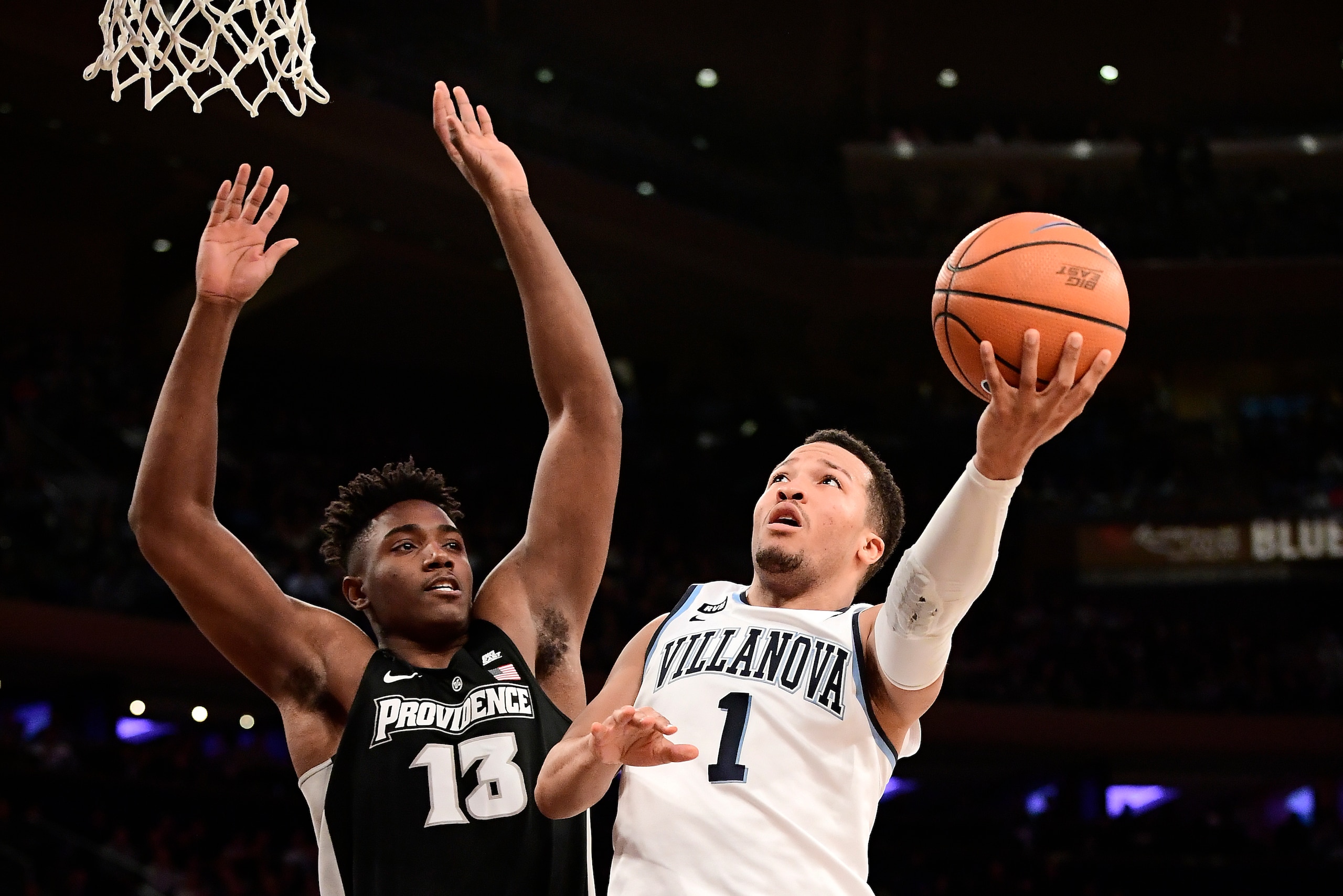 NEW YORK, NY - MARCH 10:  Jalen Brunson #1 of the Villanova Wildcats attempts a lay up against Kalif Young #13 of the Providence Friars during the championship game of the Big East Basketball Tournament at Madison Square Garden on March 10, 2018 in New Yo