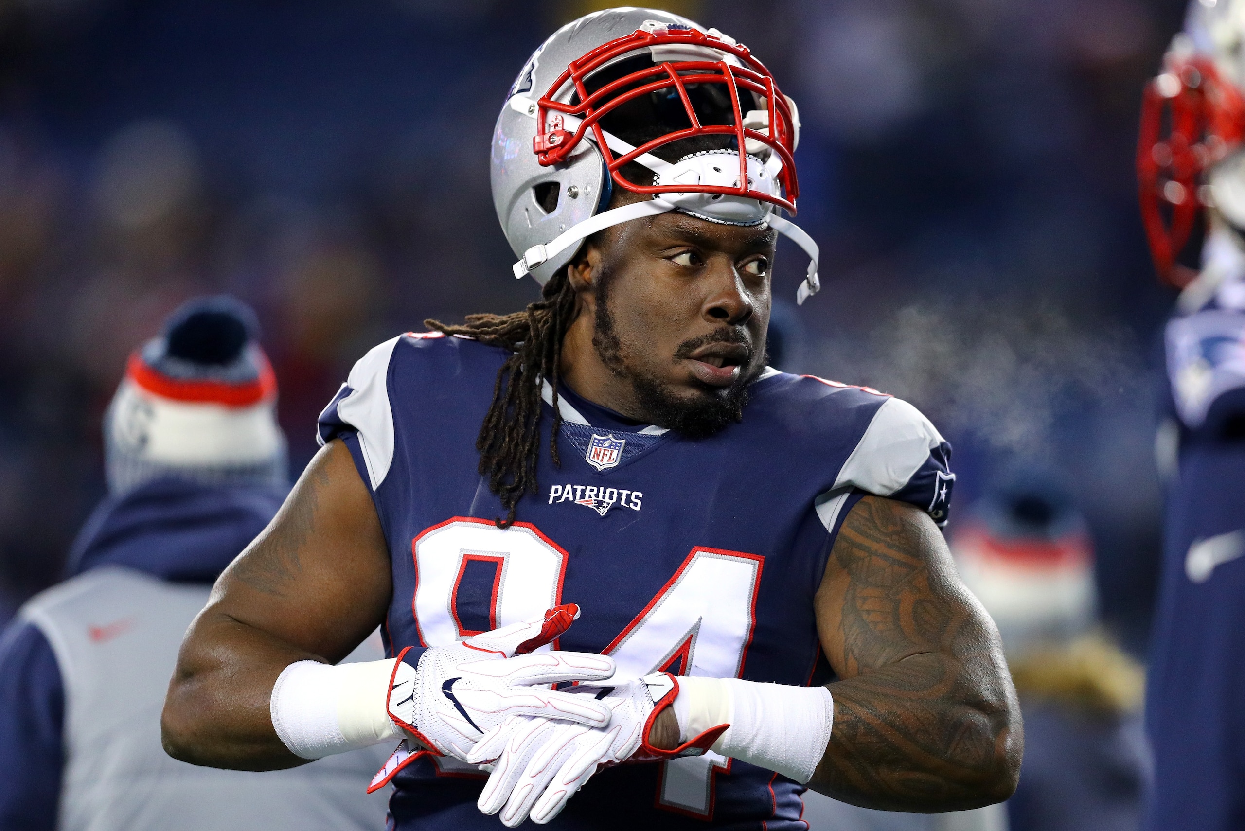 FOXBOROUGH, MA - JANUARY 13: Ricky Jean Francois #94 of the New England Patriots reacts before the AFC Divisional Playoff game against the Tennessee Titans  at Gillette Stadium on January 13, 2018 in Foxborough, Massachusetts.  (Photo by Maddie Meyer/Gett