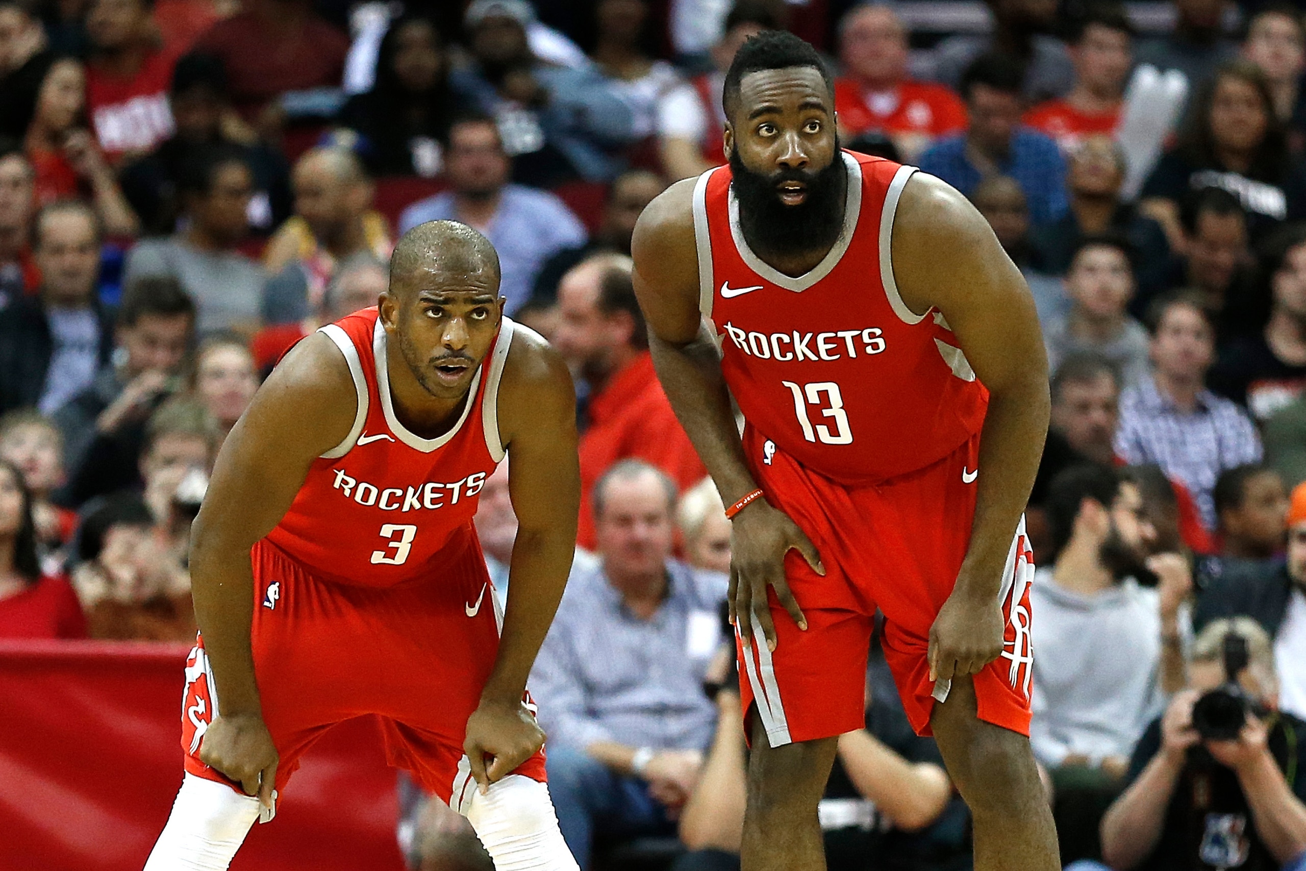HOUSTON, TX - JANUARY 20: Chris Paul #3 of the Houston Rockets and James Harden #13 against the Golden State Warriors at Toyota Center on January 20, 2018 in Houston, Texas. NOTE TO USER: User expressly acknowledges and agrees that, by downloading and or HOUSTON, TX - JANUARY 20: Chris Paul #3 of the Houston Rockets and James Harden #13 against the Golden State Warriors at Toyota Center on January 20, 2018 in Houston, Texas. NOTE TO USER: User expressly acknowledges and agrees that, by downloading and or