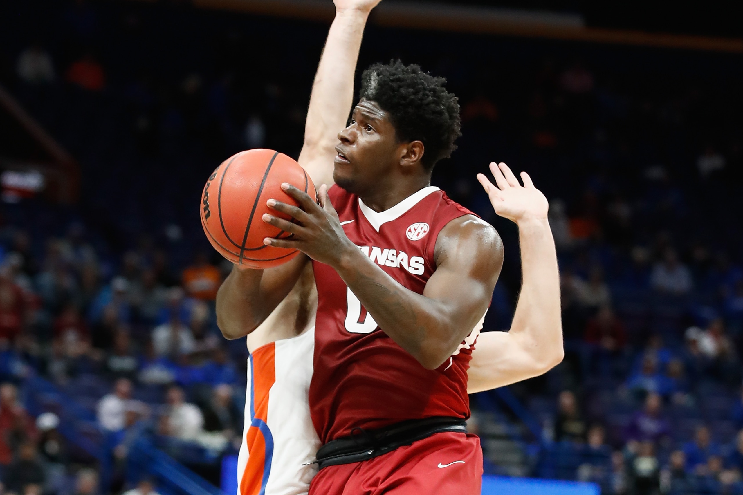ST LOUIS, MO - MARCH 09:  Jaylen Barford #0 of the Arkansas Razorbacks shoots the ball against the Florida Gators during the quarterfinals round of the 2018 SEC Basketball Tournament at Scottrade Center on March 9, 2018 in St Louis, Missouri.  (Photo by A