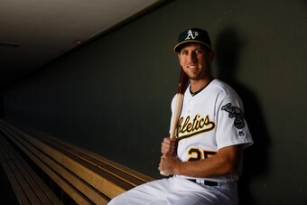 MESA, AZ - FEBRUARY 22: Stephen Piscotty #25 of the Oakland Athletics poses for a portrait during photo day at HoHoKam Stadium on February 22, 2018 in Mesa, Arizona. (Photo by Justin Edmonds/Getty Images)
