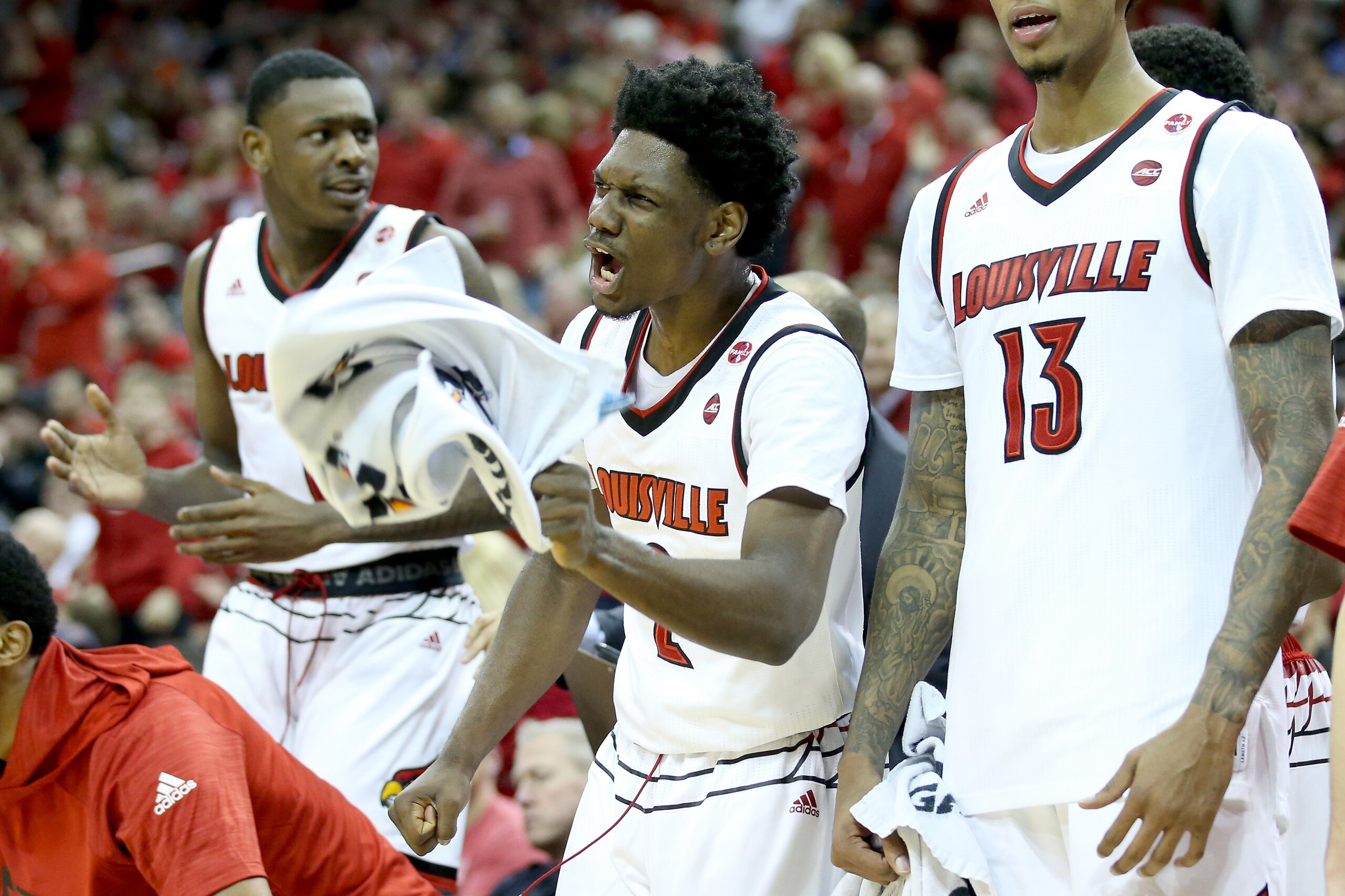LOUISVILLE, KY - MARCH 01:  Darius Perry #2 of the  Louisville Cardinals celebrates against the Virginia Cavaliers during the game at KFC YUM! Center on March 1, 2018 in Louisville, Kentucky.  (Photo by Andy Lyons/Getty Images)