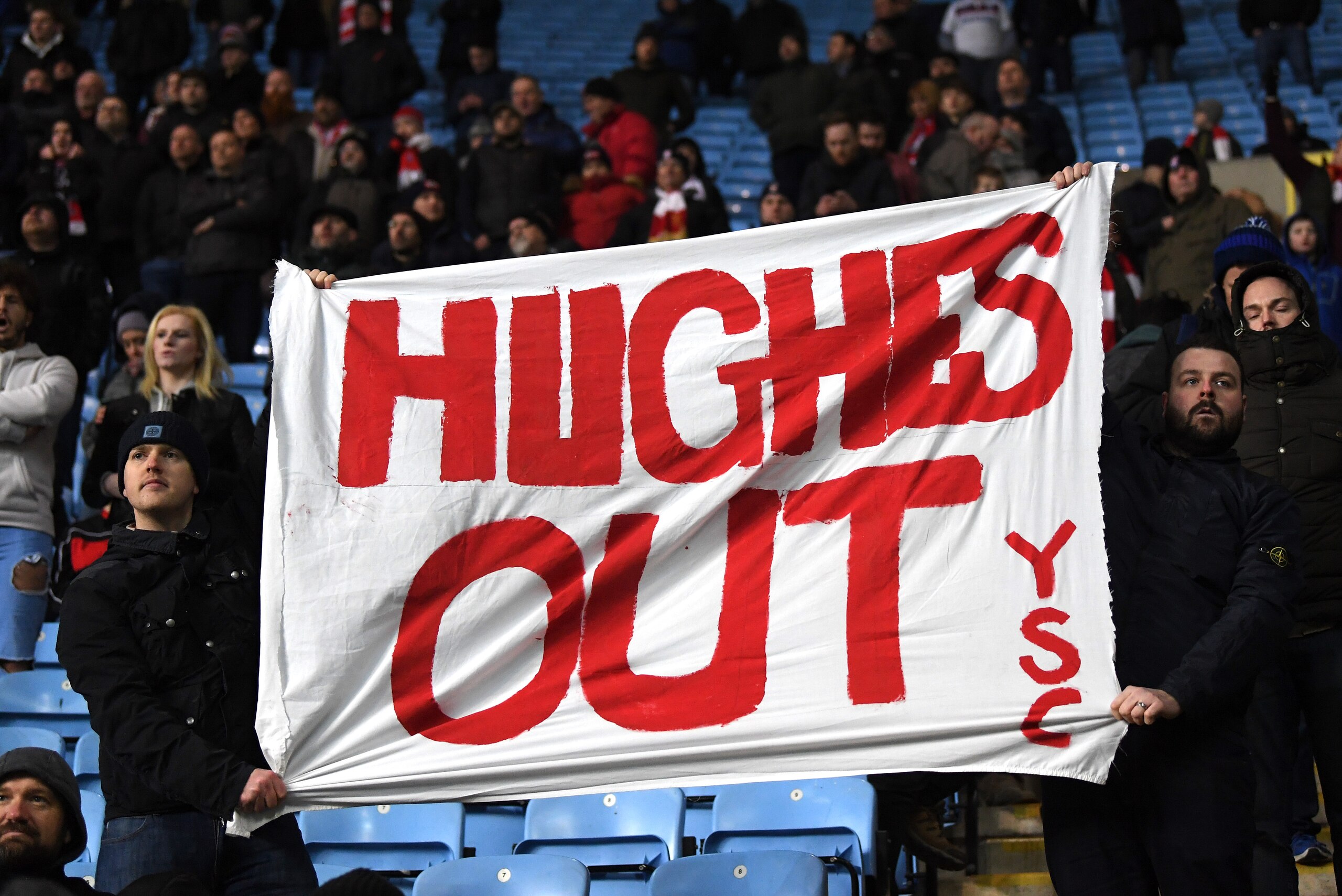 COVENTRY, ENGLAND - JANUARY 06:  Stoke City fans hold up their Mark Hughes out banner during the The Emirates FA Cup Third Round match between Coventry City and Stoke City at Ricoh Arena on January 6, 2018 in Coventry, England.  (Photo by Laurence Griffit