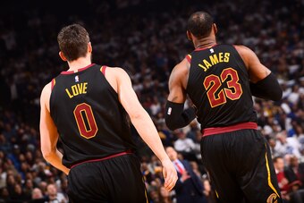 OAKLAND, CA - DECEMBER 25:  Kevin Love #0 and LeBron James #23 of the Cleveland Cavaliers look on during the game against the Golden State Warriors on December 25, 2017 at ORACLE Arena in Oakland, California. NOTE TO USER: User expressly acknowledges and 