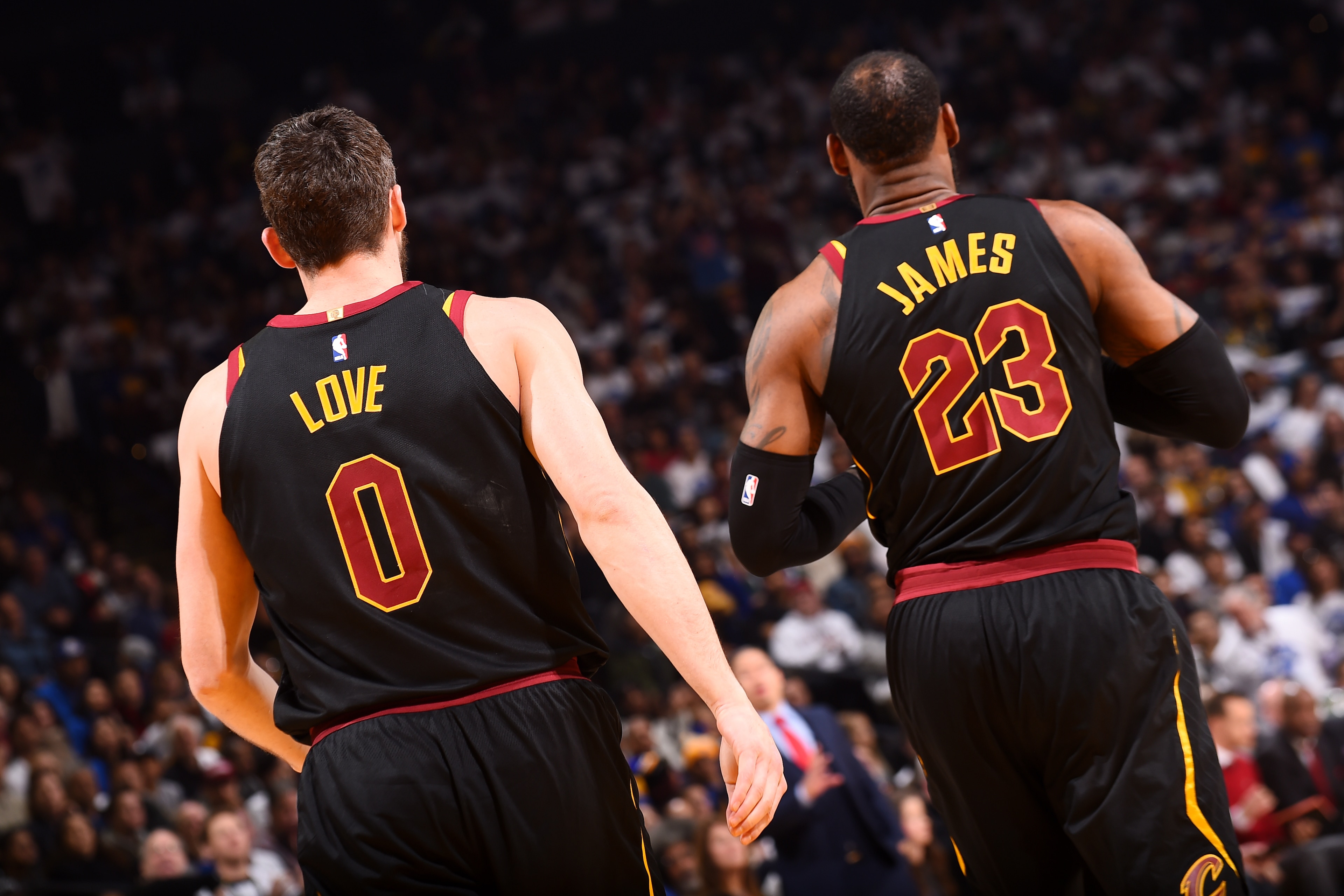 OAKLAND, CA - DECEMBER 25:  Kevin Love #0 and LeBron James #23 of the Cleveland Cavaliers look on during the game against the Golden State Warriors on December 25, 2017 at ORACLE Arena in Oakland, California. NOTE TO USER: User expressly acknowledges and 