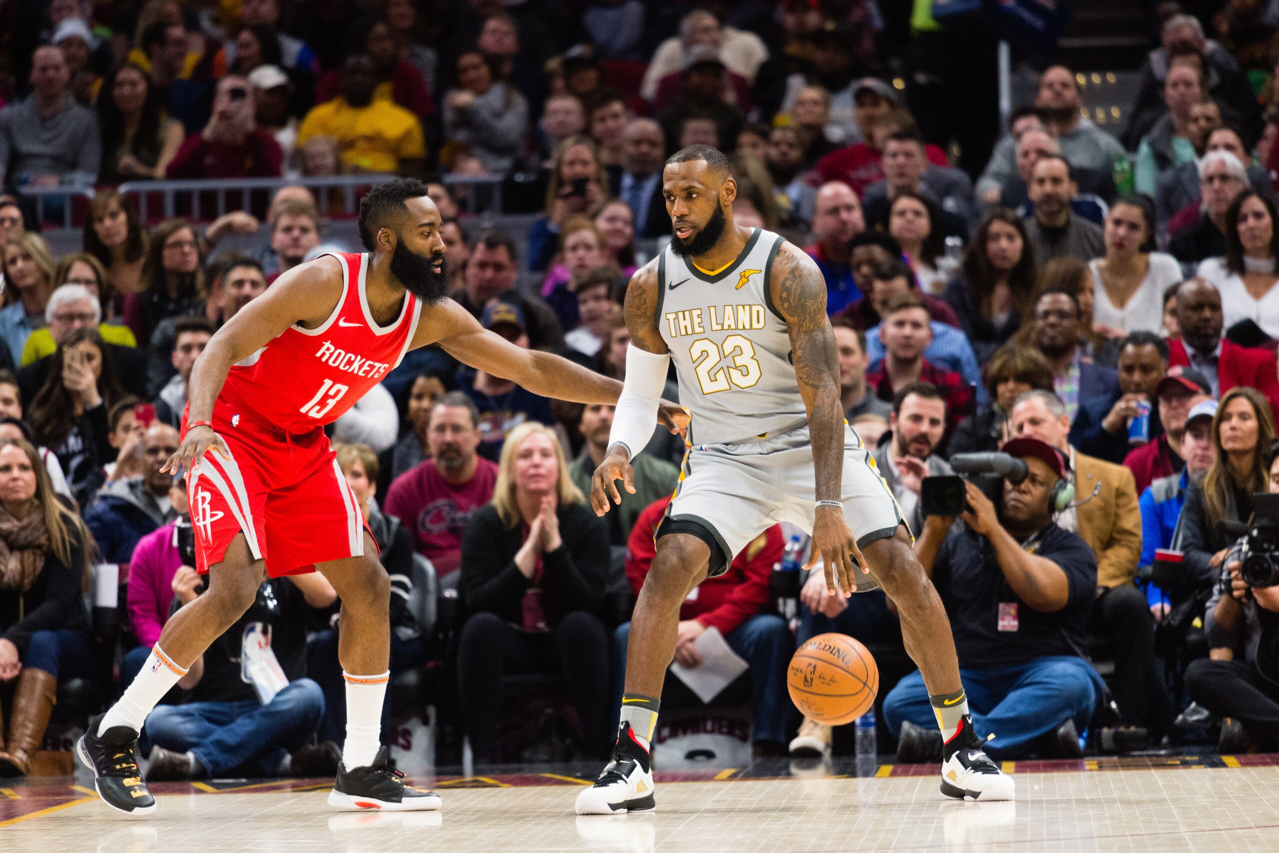 CLEVELAND, OH - FEBRUARY 3: James Harden #13 of the Houston Rockets guards LeBron James #23 of the Cleveland Cavaliers during the first half at Quicken Loans Arena on February 3, 2018 in Cleveland, Ohio. NOTE TO USER: User expressly acknowledges and agree