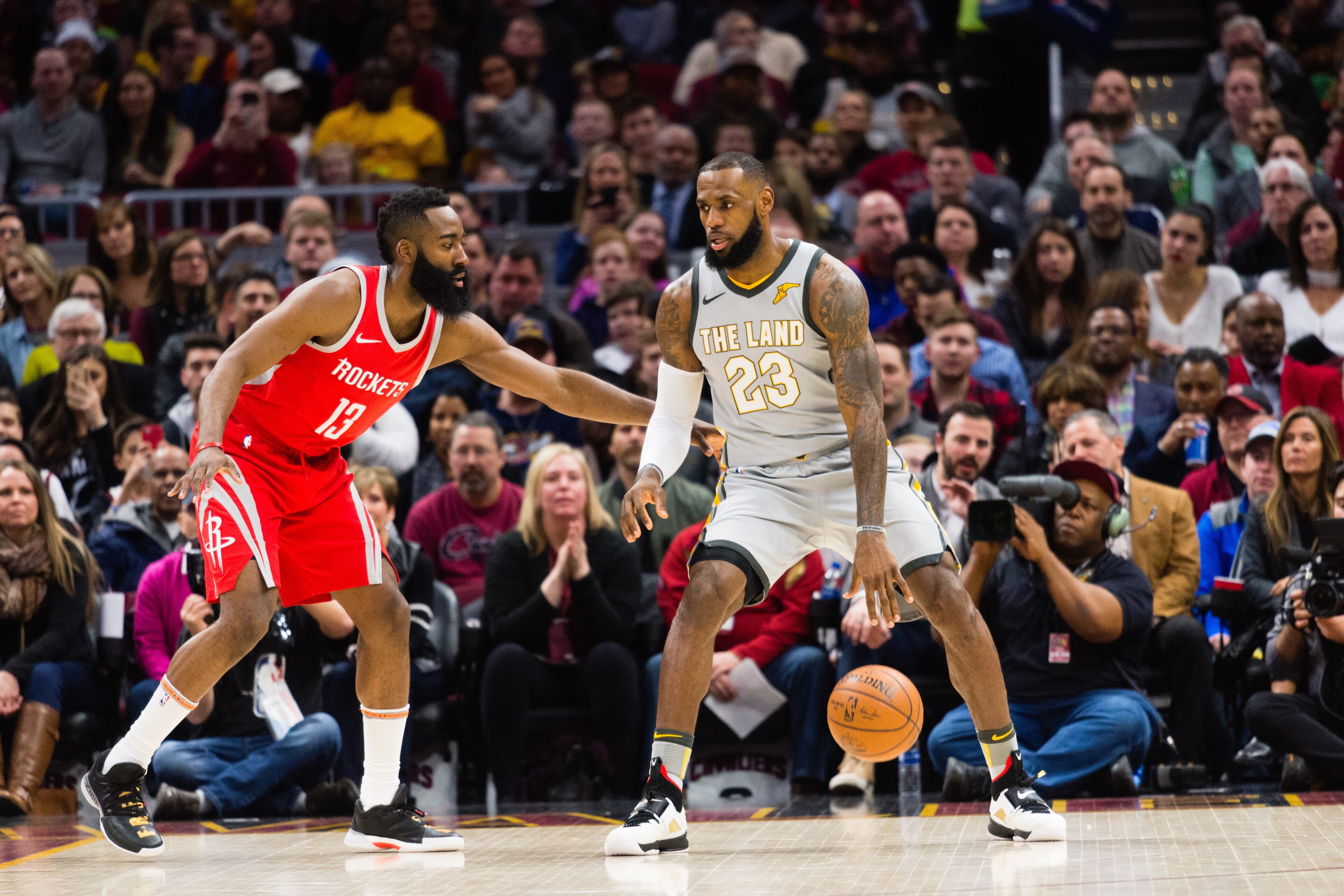 CLEVELAND, OH - FEBRUARY 3: James Harden #13 of the Houston Rockets guards LeBron James #23 of the Cleveland Cavaliers during the first half at Quicken Loans Arena on February 3, 2018 in Cleveland, Ohio. NOTE TO USER: User expressly acknowledges and agree