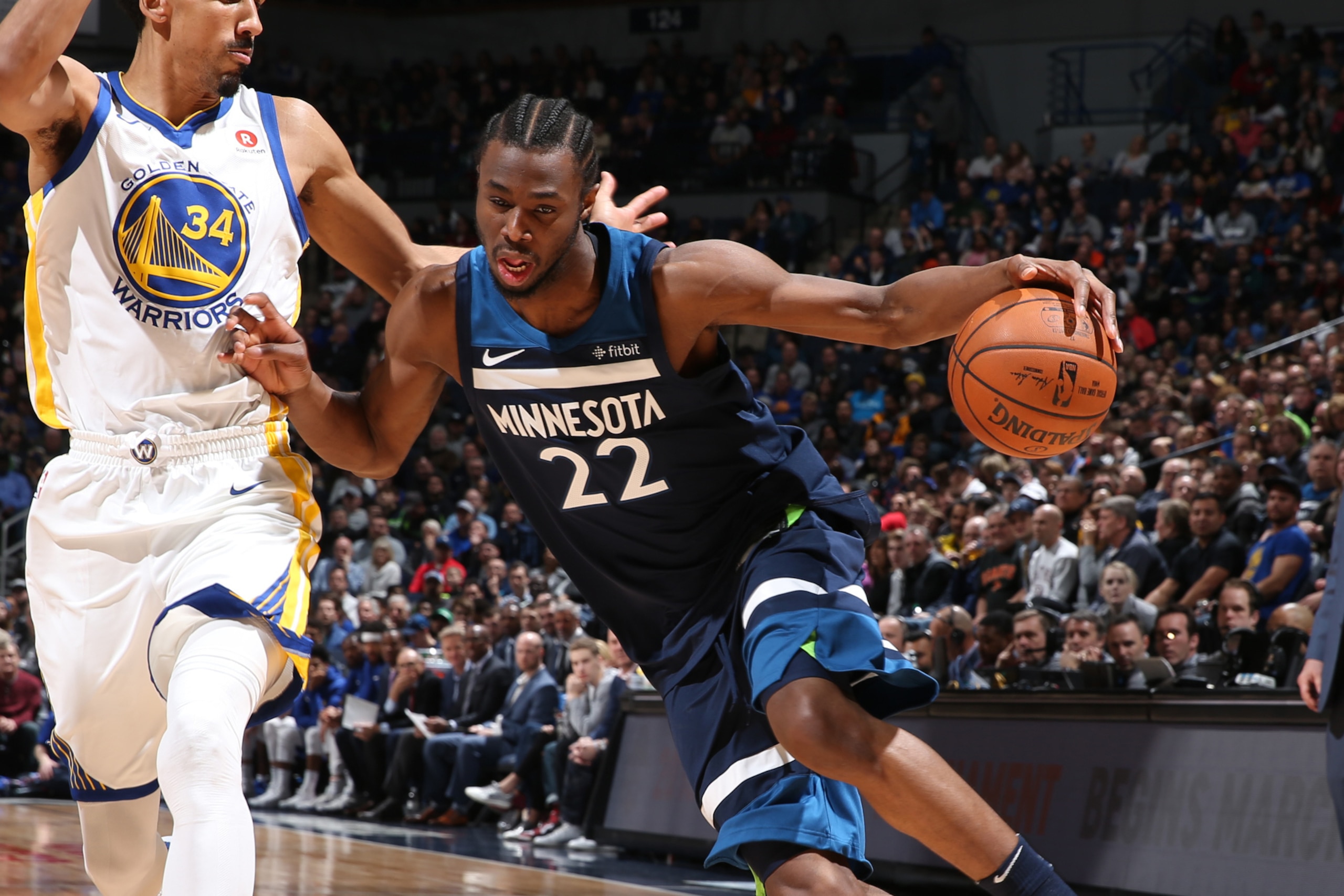MINNEAPOLIS, MN - MARCH 11: Andrew Wiggins #22 of the Minnesota Timberwolves jocks for a position during the game against the Golden State Warriors on March 11, 2018 at Target Center in Minneapolis, Minnesota. NOTE TO USER: User expressly acknowledges and
