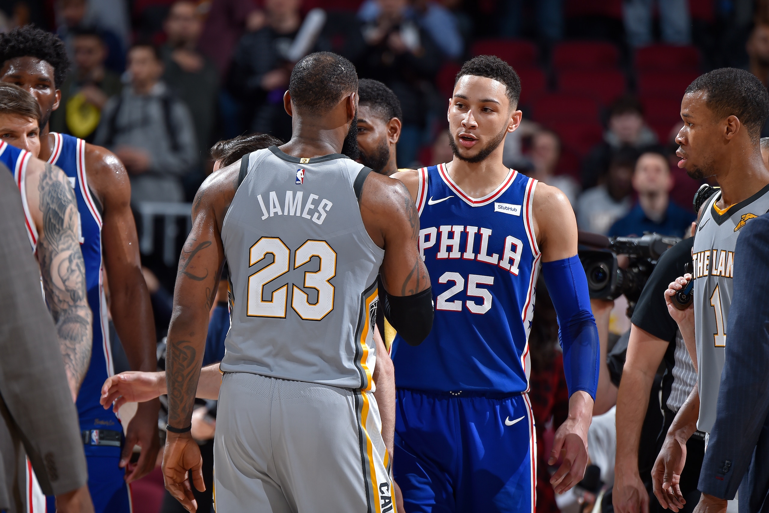 CLEVELAND, OH - MARCH 1: Ben Simmons #25 of the Philadelphia 76ers and LeBron James #23 of the Cleveland Cavaliers talk after the game on March 1, 2018 at Quicken Loans Arena in Cleveland, Ohio. NOTE TO USER: User expressly acknowledges and agrees that, b